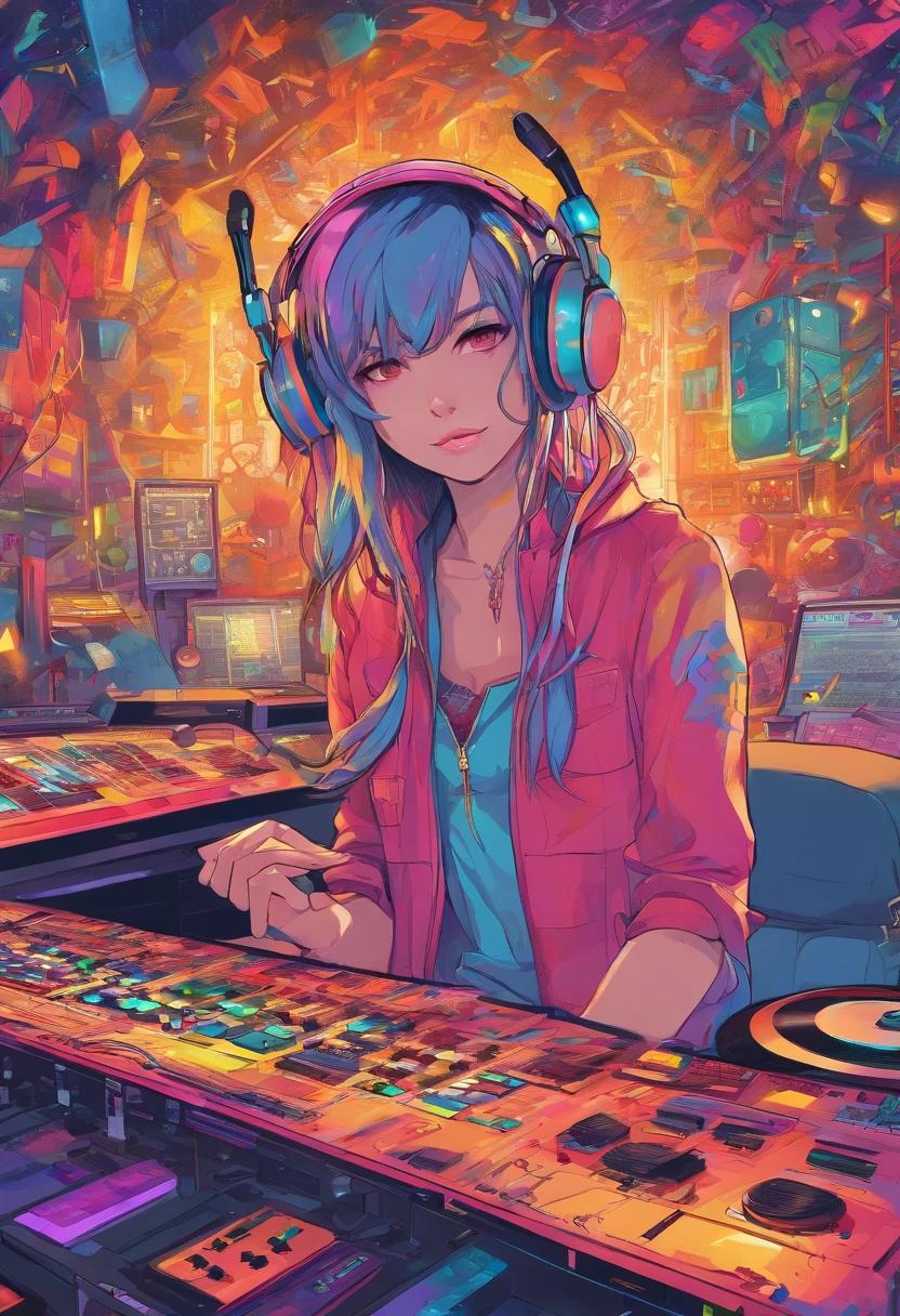 (masterpiece、top-quality、8K )、Bird View、Overhead view camera work、Anime slender sitting at laptop inorganic table with colorful hair and headphones, creature,Lightning, Neon rays, Beauty, Futuristic modern, Rock star, lock, urgent, Perfect, epicd, Bright colors, Volume Lighting, Best Shadows, Shallow depth of field, (of the highest quality, Amazing details: 1,25), Brilliant Colorful Paintings, Fancy, Magic, flicker, Glare, Neon Garland,intricate detailes,ultra-detailliert、one girls、Grinning 、(Live Stage:1.3),(turntable、Mixing Machine、Sampling Machine、Rhythm Box、mixer,synthesizer、Monitors:1.2),Stage Live Background、Spotlight from behind、Hyper realistic,Perfect Anatomy