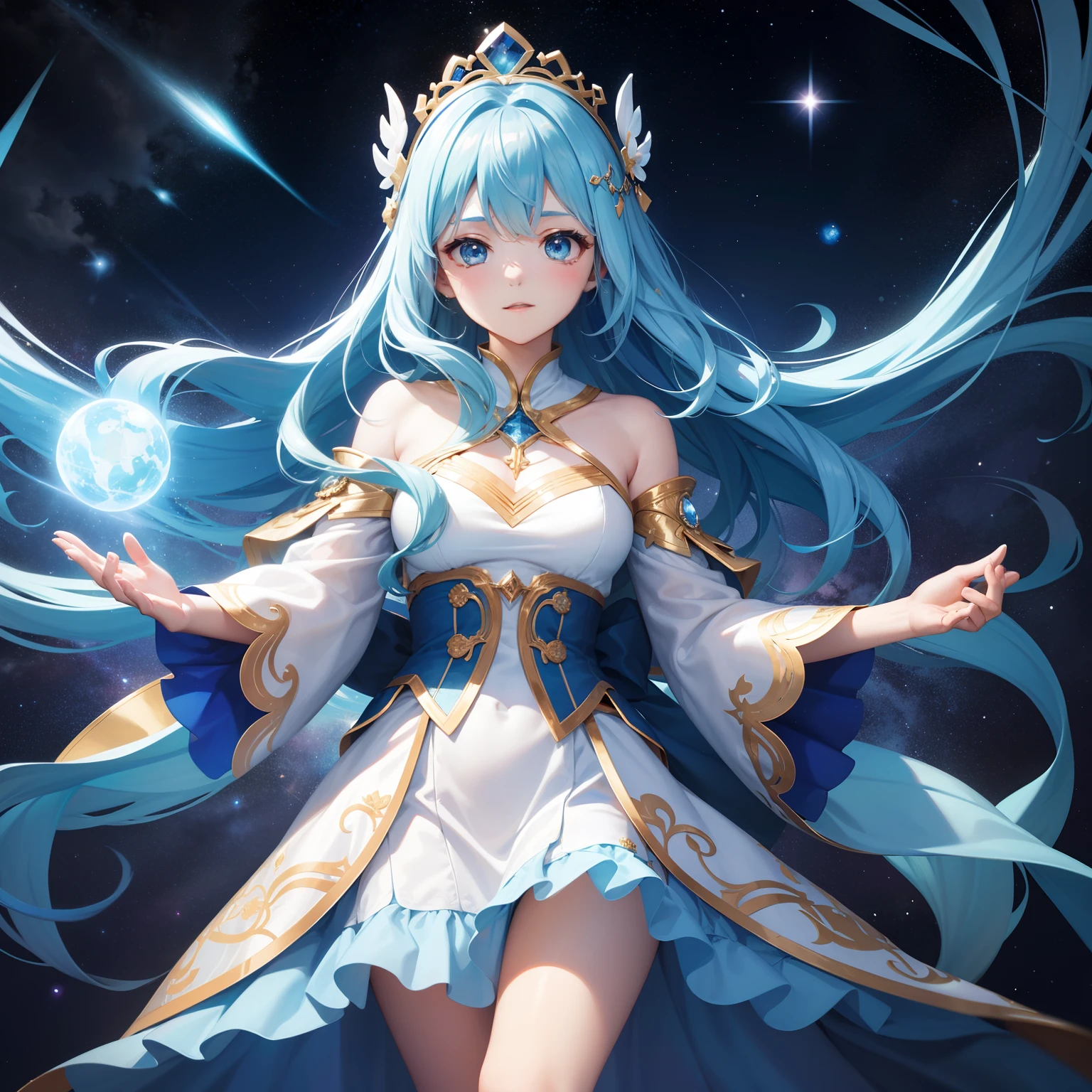 In the middle of the universe, Goddess navigating through space，Gorgeous. She illuminated her path with her own energy, Her beauty brightens everything around her. stars, All the beauty of the galaxy and the universe is all around her. She wears beautiful white and blue fabrics，The embroidery is incredible, Her endless sky-blue hair seemed to fly behind her. The light of the crystal shines。fanciful