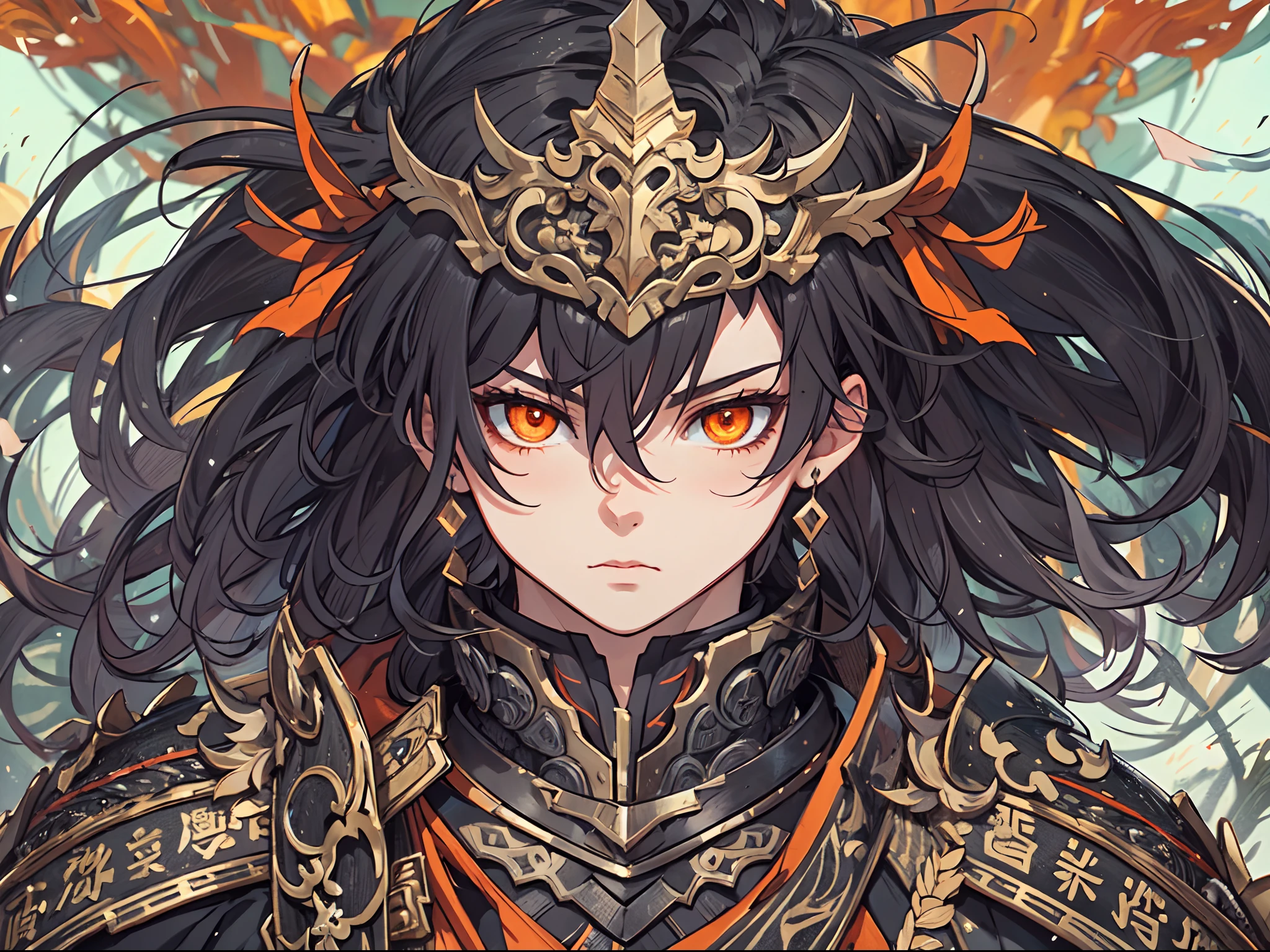 Ultra High Definition, Ultra High Quality, Extremely Detailed, Perfectly Detailed, Masterpiece, 8k, 1 Boy, Look A Like Xin From Kingdom Anime, Handsome, Armored With Chinese Emperor Armor, Black And Orange Pupil Eyes, Black Long Hair Tied, Full Body Shot, Ancient Kingdom Background