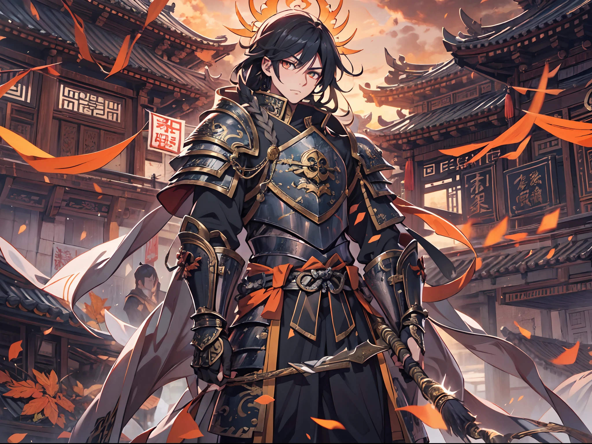 Ultra High Definition, Ultra High Quality, Extremely Detailed, Perfectly Detailed, Masterpiece, 8k, 1 Boy, Look A Like Xin From Kingdom Anime, Handsome, Armored With Chinese Emperor Armor, Black And Orange Pupil Eyes, Black Long Hair Tied, Full Body Shot, Ancient Kingdom Background