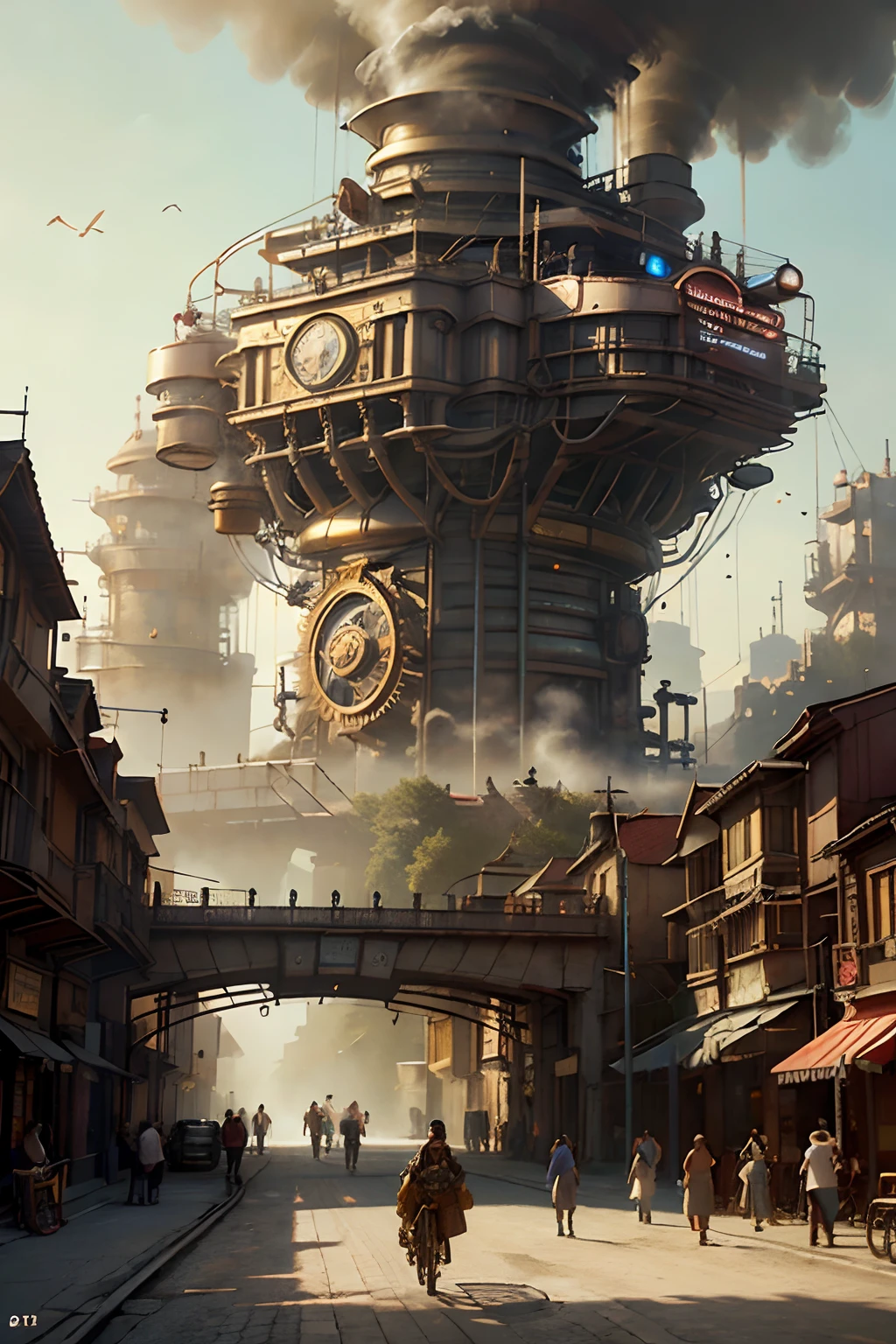 digital steampunk art, Cyber steampunk 8K 3D, steampunk digital art, Steampunk 3D rendering, steampunk concept art, Steampunk technique, Highly Detailed 4K Digital Art, Portrait of a cyberpunk machine, Steampunk art, Beautiful cyberpunk woman face, detailed steampunk illustration, Master parts,best qualityer, Photorealist,Best shade,delicate,..primitive,超高分辨率,ultra realistic art,Gallery-grade works,offcial art,Wallpaper mandatory,6.40,000,,super precision,the visual stunning shock,Sublime masterpiece,Peak clarity,1 huge steampunk city,A high-rise building covered by colossal mechanical equipment,Show contrasting scenes，Huge steampunk building,The surface is covered with complex gears and mechanisms,(Eyesight,Full view,full bodyesbian:1.2),(On the walls of the city steampunk,Handheld steam gun,Keep cities safe:1.2),steampunc,spaceship,Steam robots,Cidade futuristica，Huge buildings and boats in the water, concept art inspired by Stephan Martinière, cgsociety contest winner, Fantasy art, solarpunk futuristic utopia, stuning fantasy 3 d render, fantasy architecture, futuristic palace, Sunpunk architecture, solarpunk city, in fantasy sci - fi city, solarpunk utopia, solarpunk village
