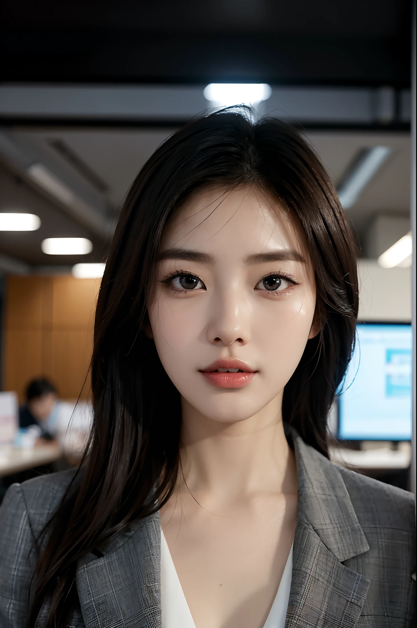 High-res, Realistic portrait of professional korean office lady with perfect skin,Professional suits,Women's suits,stand posture,The upper part of the body,Women in the workplace,Show confidence and maturity, Surrounded by a modern corporate environment, Vibrant and naturally lit highlights. The artwork should emphasize her elegant facial features, Including charming long eyes, Fluttering eyelashes and seductive lips. The scene should be enhanced with elements of professionalism and visual appeal,For example, Stylish work desk, Mainframe computers, High-resolution display, and complex stationery. The overall tone should be warm and professional, Has a soft and natural color palette. The artwork should exude a sense of professionalism, Success, and cultural pride,The background is blurred out