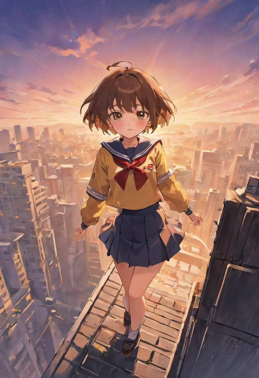 yuihirasawa, Yui Hirasawa, short hair, Brown Hair, hair ornaments, (Brown eyes:1.5),blush,smile,White oversized one-shoulder sweater,Black pleated skirt,White Pantyhose,short boots,Hair Clip,((Panties in full view))、smile、Overlooking the city from the top of the hill、Beautiful sunset、the wind is strong、whole bodyがイラストに入るように,
break otdoors, 丘
break looking at viewer, whole body、
break (masterpiece:1.2), Highest quality, High resolution, unity 8k wallpaper, (shape:0.8), (Beautiful and beautiful eyes:1.6), Highly detailed face, Perfect lighting, Extremely detailed CG, (Perfect hands, Perfect Anatomy),