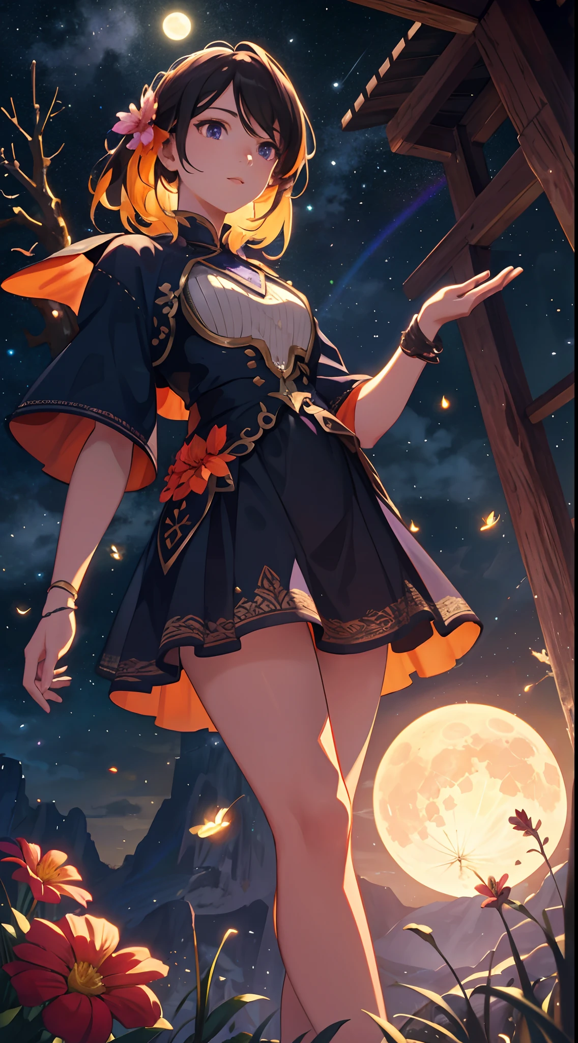 Vast landscape photo, (viewed from below, the sky is above and the open field is below), a girl standing on a flower field looking up, (full moon: 1.2), (meteor: 0.9), (nebula: 1.3), distant mountains , Trees BREAK Crafting Art, (Warm Light: 1.2), (Fireflies: 1.2), Lights, Lots of Purple and Orange, Intricate Details, Volumetric Lighting, Realism BREAK (Masterpiece: 1.2), (Best Quality), 4k, Ultra-Detailed, (Dynamic Composition: 1.4), Very Detailed, Colorful Details, (Rainbow Colors: 1.2), (Glow Lighting, Atmospheric Lighting), Dreamy, Magical, (Solo: 1.2)