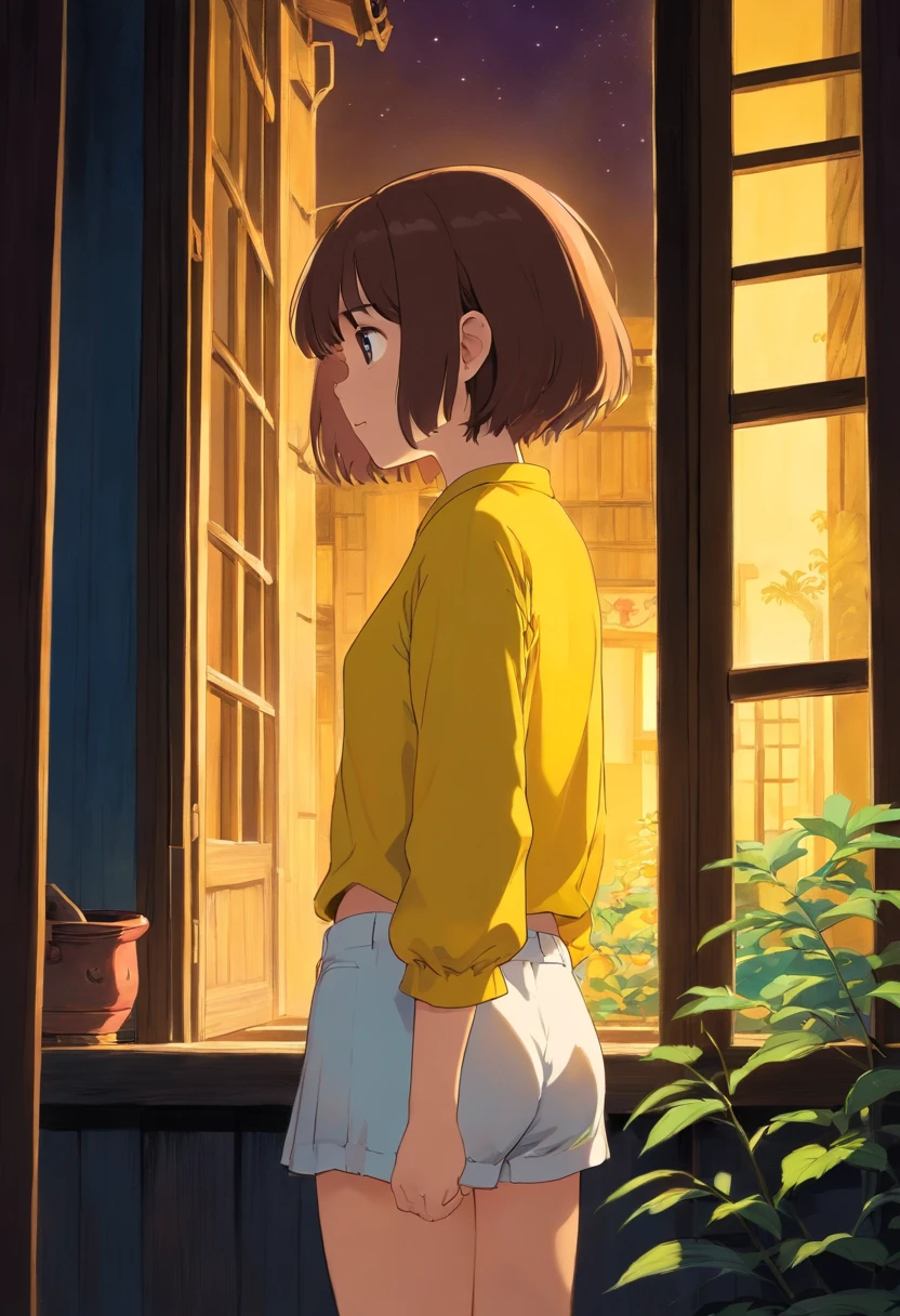 Under the night,A girl with short hair,Wearing a yellow top,white pantie,Look out the window,Back shadow