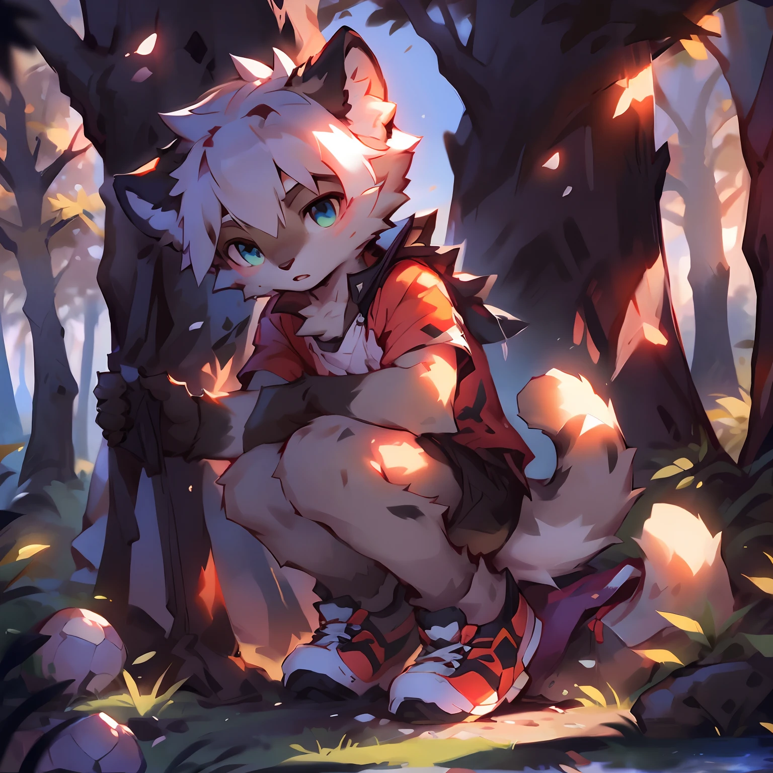 A melancholy male fox cub leans against a tree bathed in the forest bathed in the sunset,He has orange fur, bushy tail, And fluffy big ears. He wears a short white T-shirt,Black shorts and white sock running shoes,with a sunbeam coming through the trees. Small birds fly nearby,There were several small moss-dotted puddles around him.
break
anthropology,Furry,feral,(Digital media \(artwork of a\):1.2),(hi,It's nothing,absurd res:1.2),Perfect anatomy,Anatomically correct,Detailed,Detailed face,Detailed eyes,(Realistic fur,Detailed fur:1.25),Detailed background,amazing background.
Break
(author:Puinki \(artist\):1.2),(author:Unreal Land,author:Sumi Kuroi,author:Milk Tiger 1145,author:Morkey,author:Emolga 1,Through the egg capsule:1.2),(author:Xia Huaiting:0.8),(by Pino Daeni:0.8),(by Hioshiru:0.8),(by Chunie:0.8).