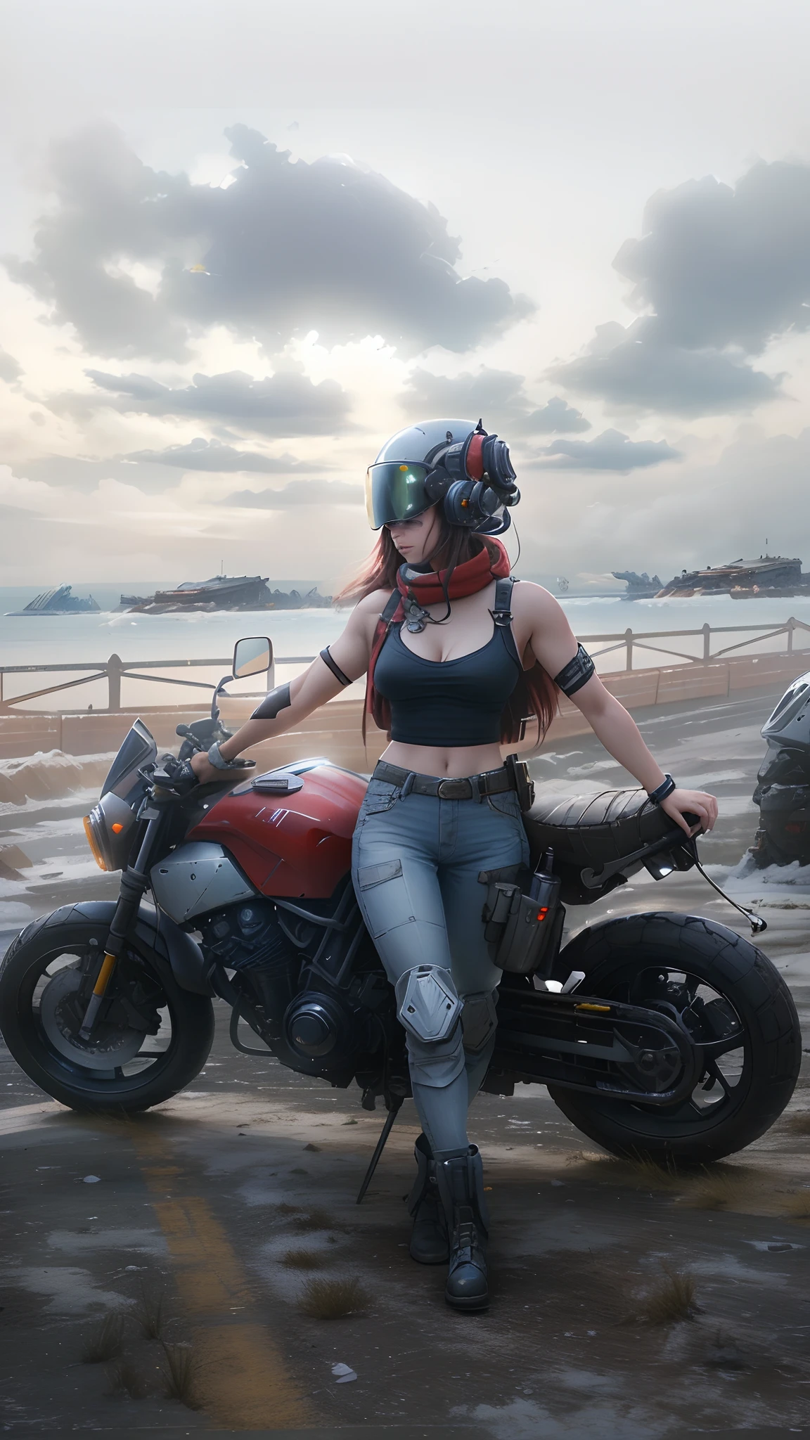 Hermosa mujer, voluptuoso cuerpo entero, Usando casco de moto que oculta su rostro, usando armadura estilo ciberpunk ,condenar, Warhammer 40.000 precioso y hundido, sculptural body, casco de moto cyberpunk, usando mecha de metal desgastado, rojo y blanco, campo de batalla, alien planet, naves gigantes, Alien buildings destroyed by battle,