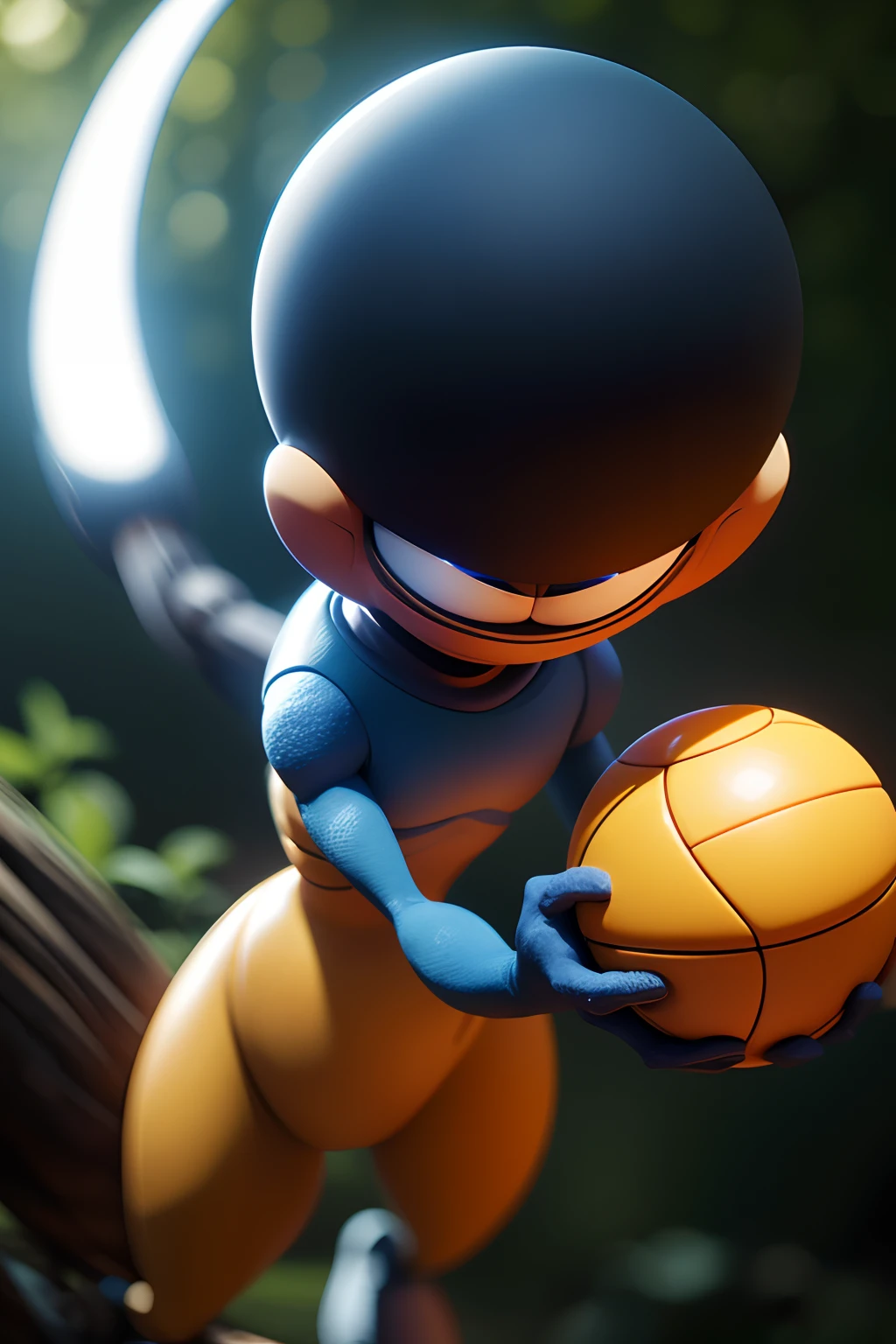 A very dynamic scene. Funny isolated ball object. The ball smiles broadly and bounces. Small arms and legs grow out of the ball. a closeup of a. Disney's Pixar cartoon character. super realistic. Cinematic. Blurred background of dark forest, Light haze.