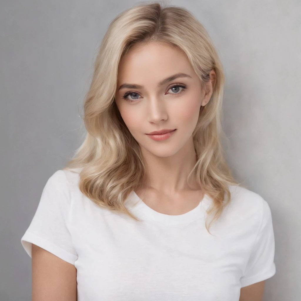 (photo: 1.3) af (realism: 1.4), (((white T-shirt))), (blond lady), super high resolution, (realism: 1.4), 1 girl, female avatar, soft light, Black hair, smile, facial focus, cheerful, young, confident, ((gray background)), (((monochrome background))), high definition, details, slightly looking up, perfect picture, movie quality, ultra high definition, Female avatar, beautiful girl, young and beautiful, exquisite face, elegant and luxurious