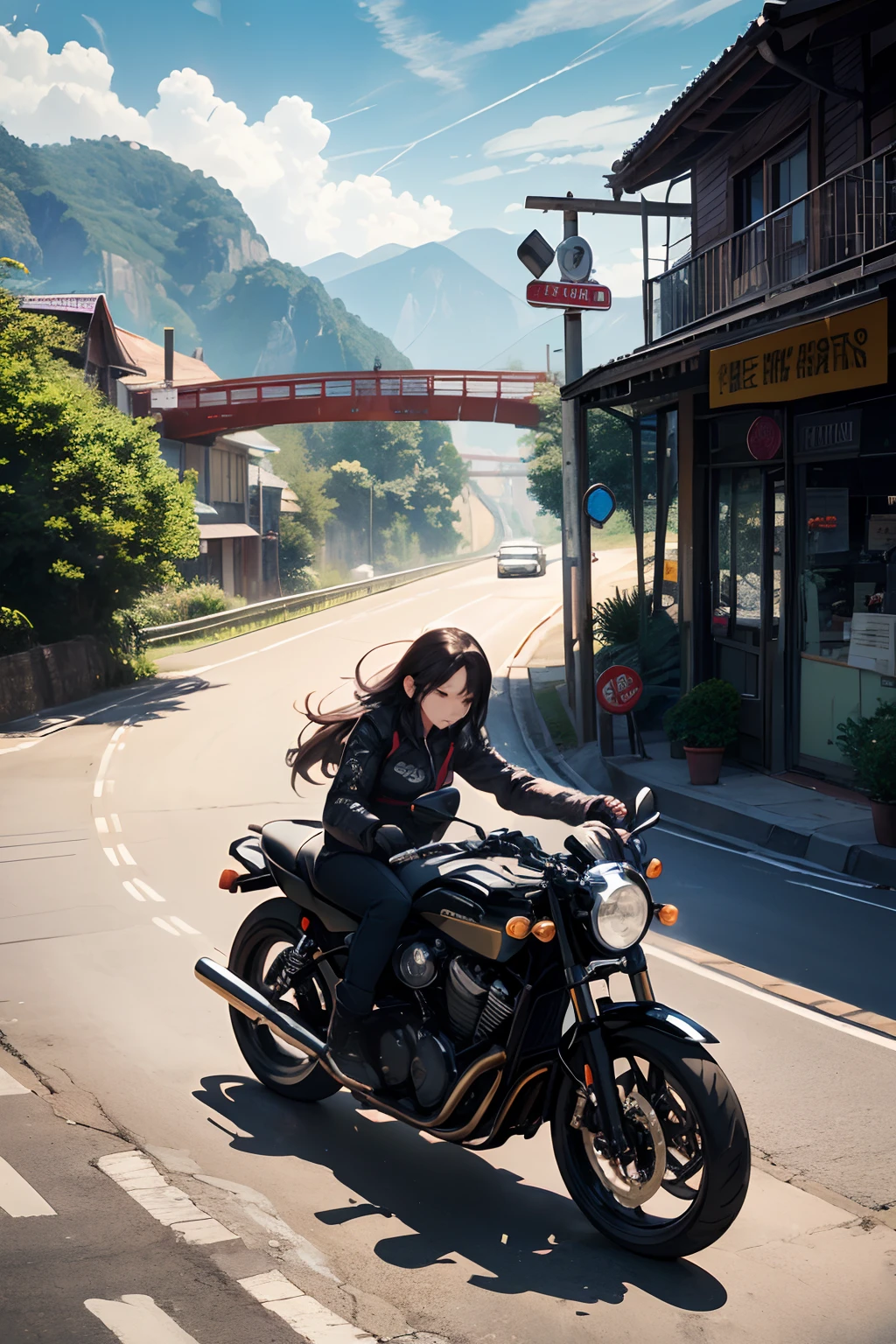 (Motion Effect:1.5)、（Motion Blur:1.4）parchment、absurderes、ultra res、ultra-detailliert、（bokeh dof:1.8）、accurate depiction、Beautiful depiction、Overhead view、beautiful a girl、thin-waist、The roar of a motorcycle engine、
A moment to challenge the winding road。
The wind strokes my hair、The scenery spreads out vividly
Asphalt orbit、Invitation to Freedom。

Winding Road、Ups and downs of elevation differences
The rider's heart is pounding with adrenaline。
Drive through the curves、Across the valley
Natural beauty、The attraction continues。

The blueness of the sky、mont々Green、River flow
Winding Road plays poetry。
Motorcycles and riders、Becoming one
Freedom and adventure、Illuminate the heart。

sometimes、Take a break at a roadside café
Enjoy a cup of coffee in the wind。
Winding Road Journey、
Engrave in the soul、An unforgettable adventure。