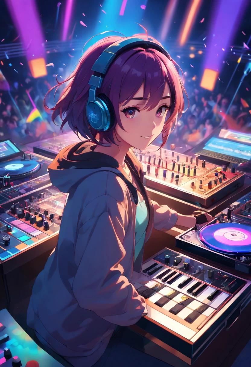 (tmasterpiece、top-quality、8K )、bird's eyes view、Look down at the camera working、Anime slim sitting on inorganic table on laptop,Colorful hair and headphones, organism,Lightning, neonlight, Beauty, futuristicmodern, rock star, Lock, urgent, Perfect, epic, Bright colors, Volume lighting, Best shadows, Shallow depth of field, (of the highest quality, Amazing details: 1,25), Brilliant Colorful paintings, Fancy, magic, Flicker, piercingeyes, neon garlands,intricately details,ultra - detailed、one-girl、Grinning 、(live stage:1.3),(turntable、Mixer、Sampler、Rhythm box、Blander,synthesizer、Monitors:1.2),Stage live background、Spotlight from behind、Ultra photo realsisim,Perfect anatomy