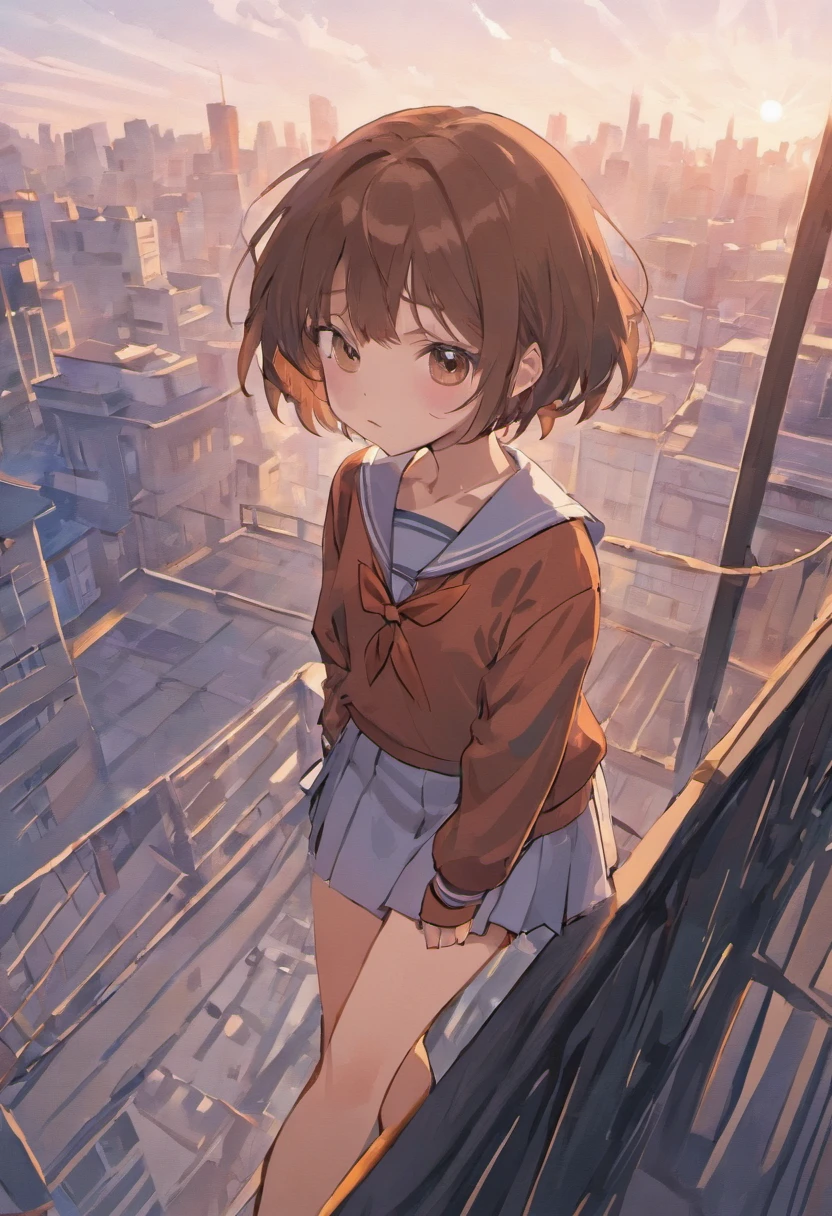 Short brown hair，White JK sailor suit short skirt girl，Sit on the rooftop of the building，beautiful weather，Top view