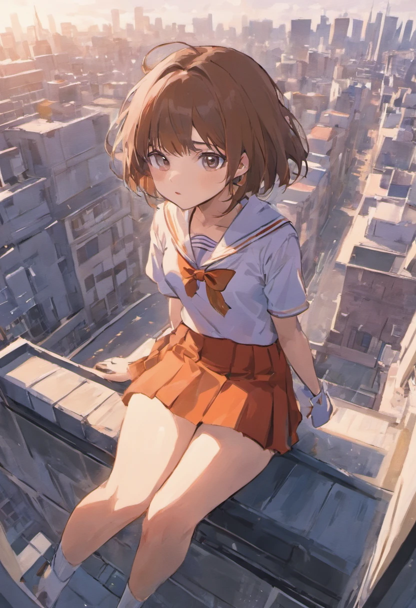 Short brown hair,White JK sailor suit short skirt girl,Sit on the rooftop of the building,beautiful weather,Top view