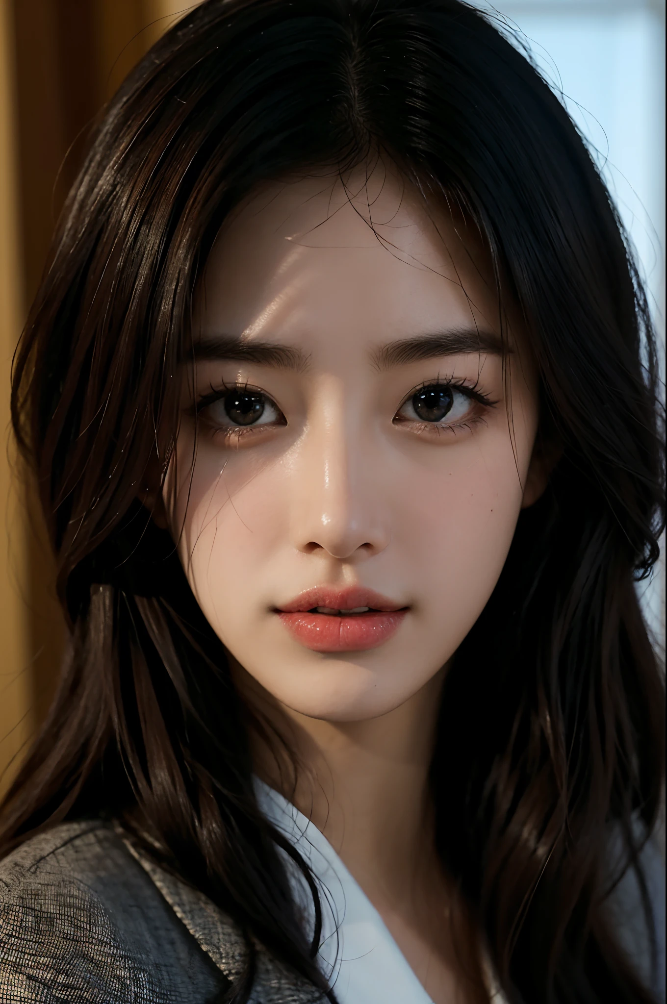 High-res, Realistic portrait of professional korean office lady with perfect skin，Professional suits，Women's suits，stand posture，The upper part of the body，Women in the workplace，Show confidence and maturity, Surrounded by a modern corporate environment, Vibrant and naturally lit highlights. The artwork should emphasize her elegant facial features, Including charming long eyes, Fluttering eyelashes and seductive lips. The scene should be enhanced with elements of professionalism and visual appeal，For example, Stylish work desk, Mainframe computers, High-resolution display, and complex stationery. The overall tone should be warm and professional, Has a soft and natural color palette. The artwork should exude a sense of professionalism, Success, and cultural pride，The background is blurred out