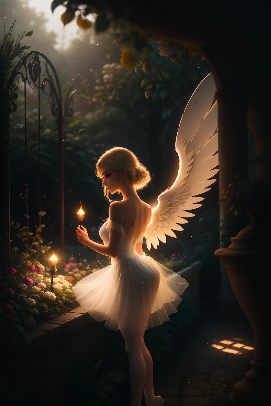 in garden, depth of field, moody lighting, 8K, glowing, particles, white cute girl, delicate face, angel, wings, blonde hair, white silk clothes, ballerina skirt, full body, bare shoulder, long eyelash
