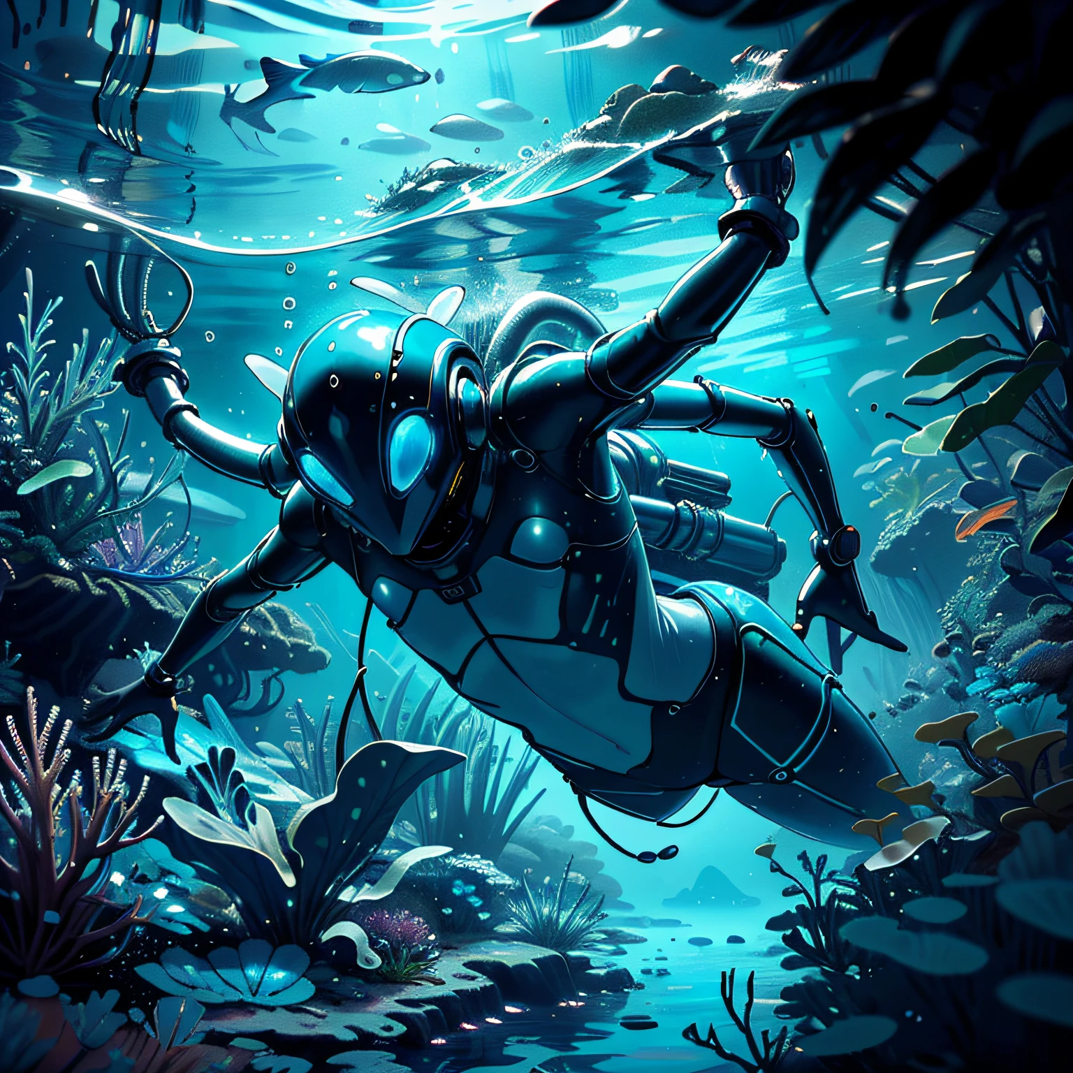 hydrotech,BiophyllTech, alien man wearing colorful dive suit, exploring utopian under water organic garden, bioluminescent, tropical fish, sea plants, vibrant colors, neon lighting, scifi utopia enviroment,