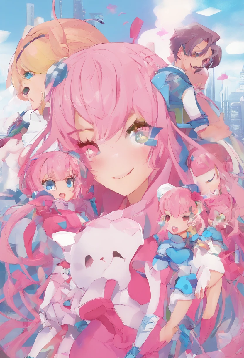 "In pink+Long powder blue gradient hair+Cyberpunk mecha style，blue color eyes，Three cool 8  boys and girls，male people，A boy grows a girl's face，Female face，Young，Lie down in bed，hugs，Kiss，Mouth-to-mouth，Tongue stock，Hands reach into clothes，Wear white socks and white boots，Pink boots，Boots，There are a lot of ornaments on the body，Gothic，show，long leges，frontage，spread their legs，Flushed complexion，Look down from above，adolable，naturey，Juvenile，A boy puts his hand on another girl's panties，Lady Lady，Mouth，stringy viscous liquid，white colors，full body shot of，elementa