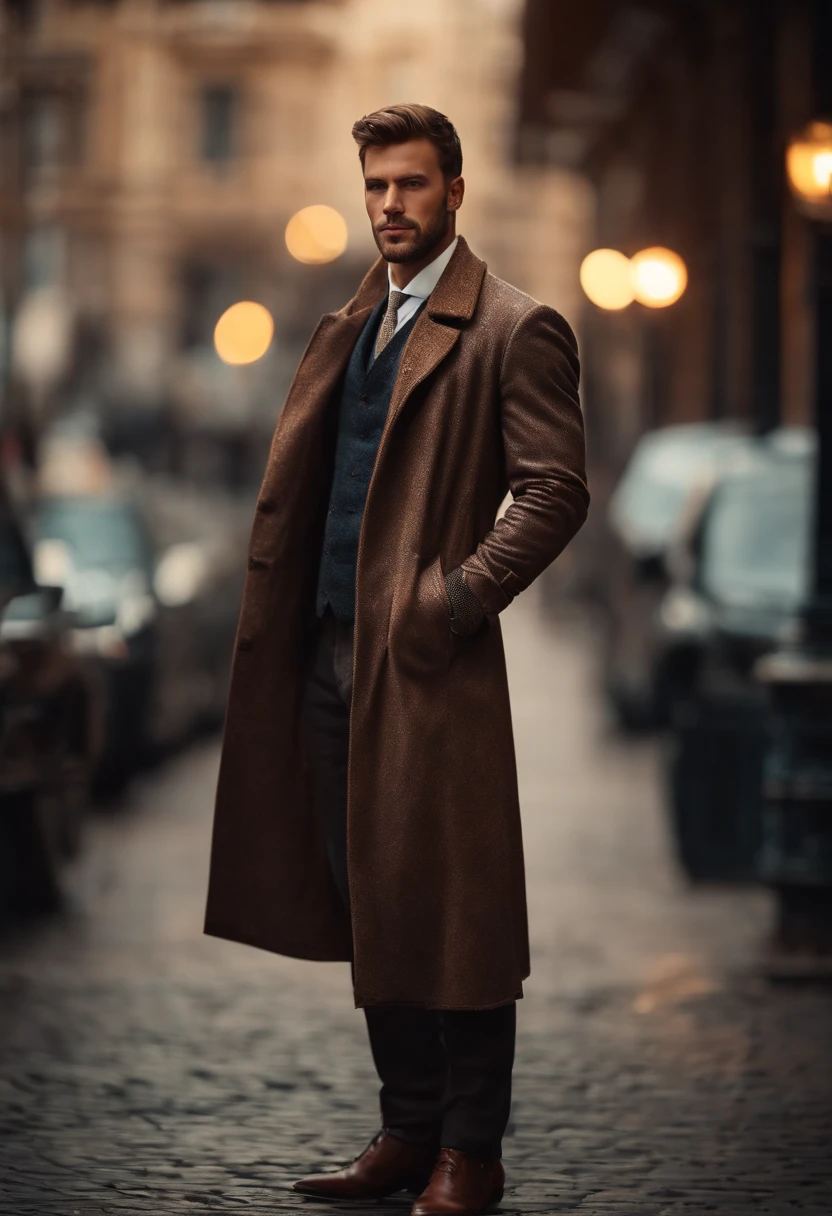 Portrait photo of a handsome male full body photo, perfect eyes, wearing a shabby mecha coat, ((light bokeh)), intricate, (steel metal [rust]), elegant, sharp focus, photo by Greg Rutkovsky, soft lighting, bright colors, masterpiece, (street)), detailed realistic face, close-up of the face