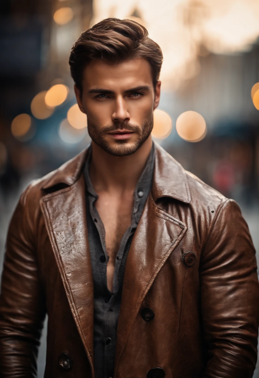 Portrait photo of a handsome male full body photo, perfect eyes, wearing a shabby mecha coat, ((light bokeh)), intricate, (steel metal [rust]), elegant, sharp focus, photo by Greg Rutkovsky, soft lighting, bright colors, masterpiece, (street)), detailed realistic face, close-up of the face