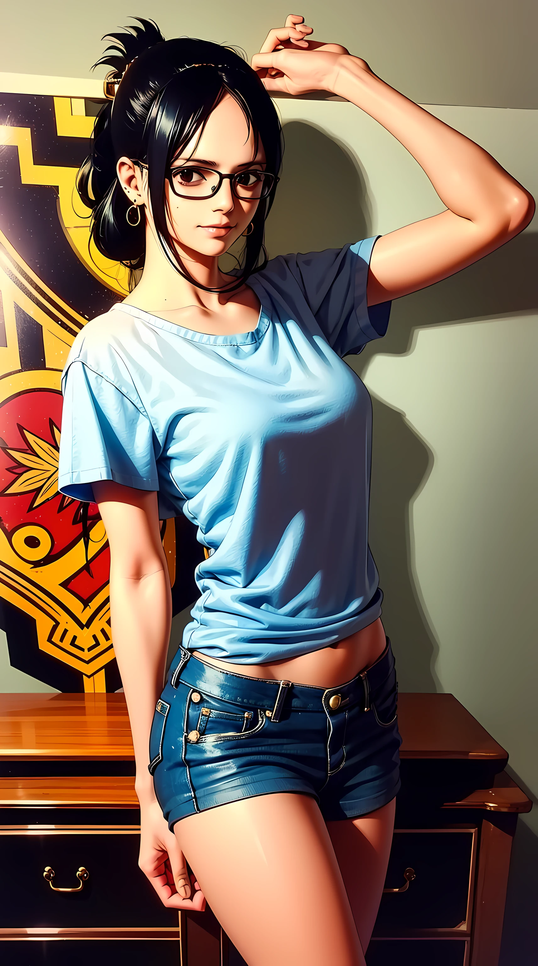 Tashigi, wearing glasses, long hair, black hair, ponytail, beautiful, beautiful woman, perfect body, perfect breasts, wearing an oversized white t-shirt, short jeans, wearing a handbag, watch, wearing earrings, comfortable shop there , department store, ponytail, looking at the viewer, slight smile, realism, masterpiece, textured leather, super detailed, high detail, high quality, best quality, 1080p, 16k