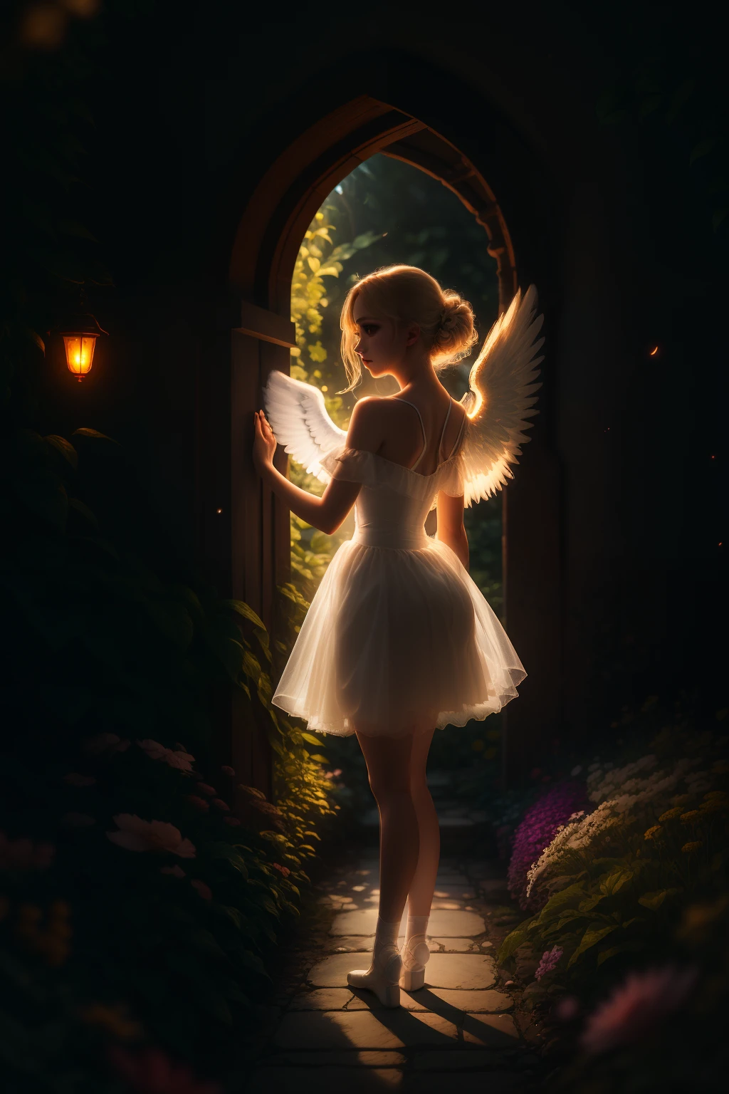 in garden, depth of field, moody lighting, 8K, glowing, particles, white cute girl, delicate face, angel, wings, blonde hair, white silk clothes, ballerina skirt, full body, bare shoulder, long eyelash