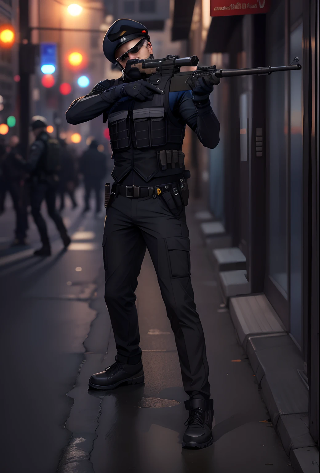 black uniform, tactical vest, black beret, boots, gloves, holding gun, city backdrop, danger atmosphere
