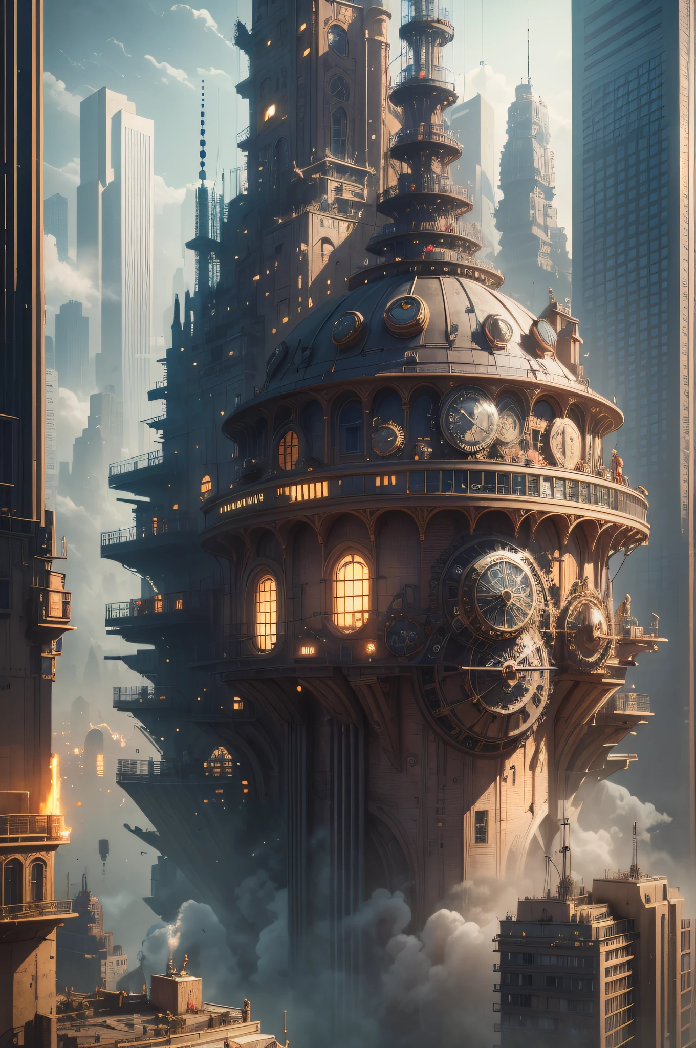 digital steampunk art, Cyber steampunk 8K 3D, steampunk digital art, Steampunk 3D rendering, steampunk concept art, Steampunk technique, Highly detailed 4K digital art, Portrait of a cyberpunk machine, Steampunk art, Beautiful cyberpunk woman face, detailed steampunk illustration, Master parts,best qualityer, Photorealist,Best shade,Delicate,..primitive,超高分辨率,ultra realistic art,Gallery-grade works,offcial art,Wallpaper mandatory,6.40,000,,super high precision,the visual stunning shock,Sublime masterpiece,Peak clarity,1 huge steampunk city,A high-rise building covered by huge mechanical equipment,Displays contrasting scenes，Huge steampunk building,The surface is covered with complex gears and mechanisms,(Eyesight,Full view,full bodyesbian:1.2),(On the walls of urban steampunk,Handheld steam gun,Keep cities safe:1.2),steampunc,Spaceship,Steam robots,Cidade futuristica，Huge buildings and boats in the water, concept art inspired by Stephan Martinière, cgsociety contest winner, Fantasy art, solarpunk futuristic utopia, stuning fantasy 3 d render, fantasy architecture, futuristic palace, Sunpunk architecture, solarpunk city, in fantasy sci - fi city, solarpunk utopia, solarpunk village