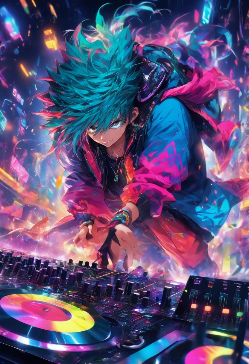 (tmasterpiece、top-quality、8K )、bird's eyes view、Look down at the camera working、Anime slim sitting on inorganic table on laptop,Colorful hair and headphones, organism,Lightning, neonlight, Beauty, futuristicmodern, rock star, Lock, urgent, Perfect, epic, Bright colors, Volume lighting, Best shadows, Shallow depth of field, (of the highest quality, Amazing details: 1,25), Brilliant Colorful paintings, Fancy, magic, Flicker, piercingeyes, neon garlands,intricately details,ultra - detailed、A boy with、Grinning 、(live stage:1.3),(turntable、Mixer、Sampler、Rhythm box、Blander,synthesizer、Monitors:1.2),Stage live background、Spotlight from behind、Ultra photo realsisim,Perfect anatomy,Hair fluttering