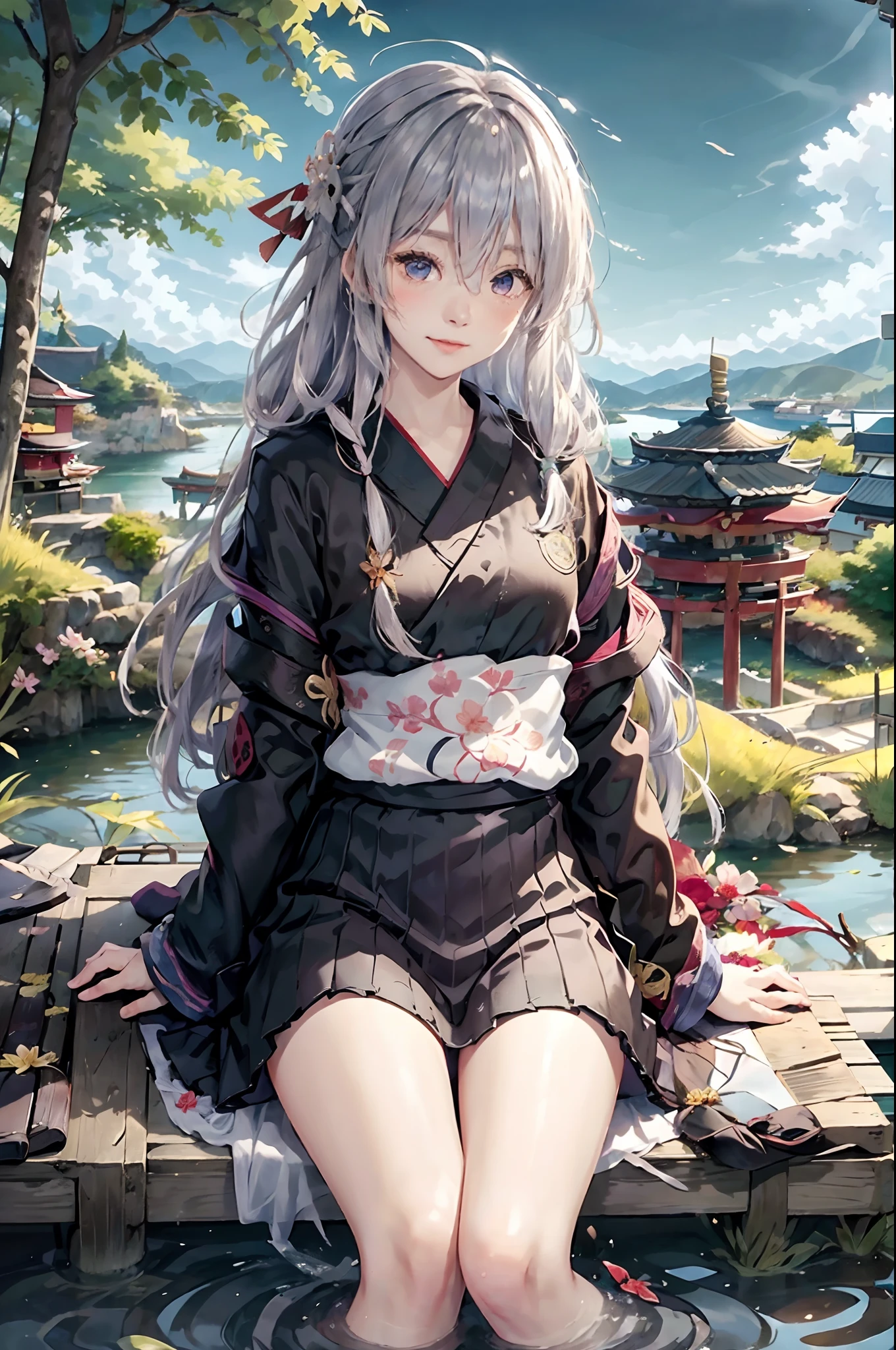 kimono, sash, japanese clothes, obi, 1girl, tree, day, cloud, mountain, ahoge, blue sky, sky, outdoors, solo, long hair, grass, sitting, black kimono, open mouth, blue eyes, water, river, elaina \(majo no tabitabi\), looking at viewer, bush, smile, lake, cloudy sky, skirt, black skirt, pleated skirt, bangs, horizon, long sleeves, silver hair, :d, blush, building, torii, ocean, pond, mountainous horizon, short kimono, flower, white kimono