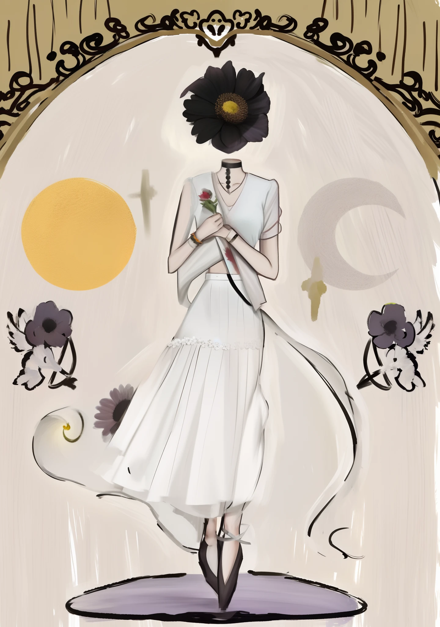 White skirt，Black flowers