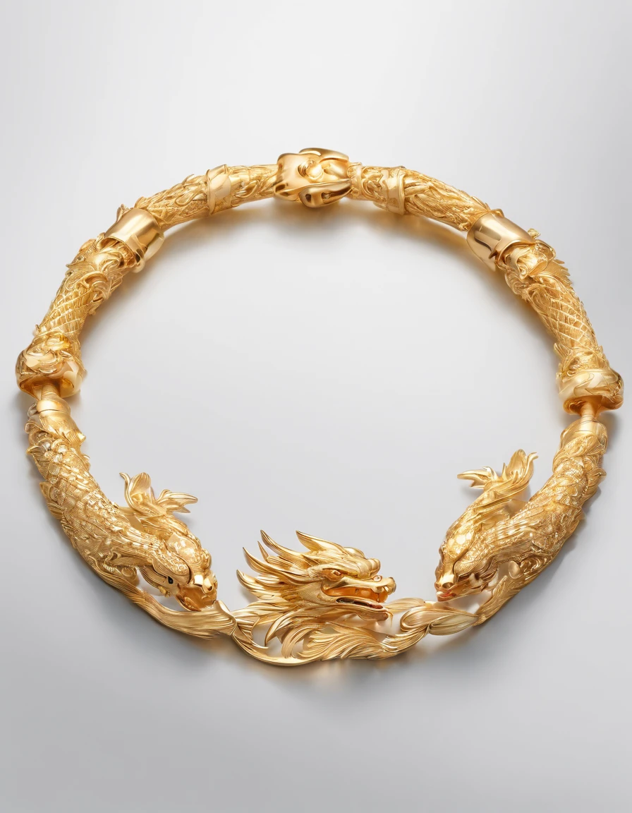 A pair of gold bracelets on white background, Dragon and phoenix with auspicious patterns