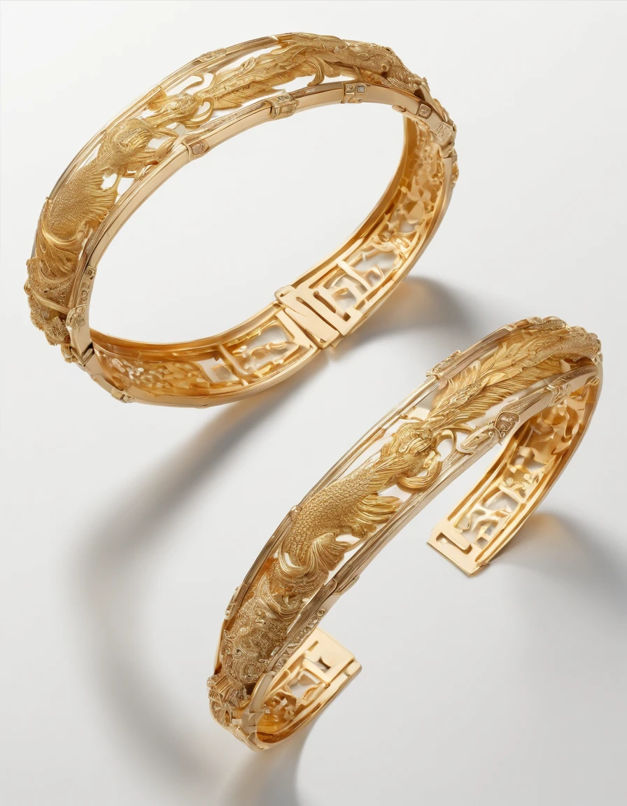 A pair of gold bracelets on white background, Dragon and phoenix with auspicious patterns