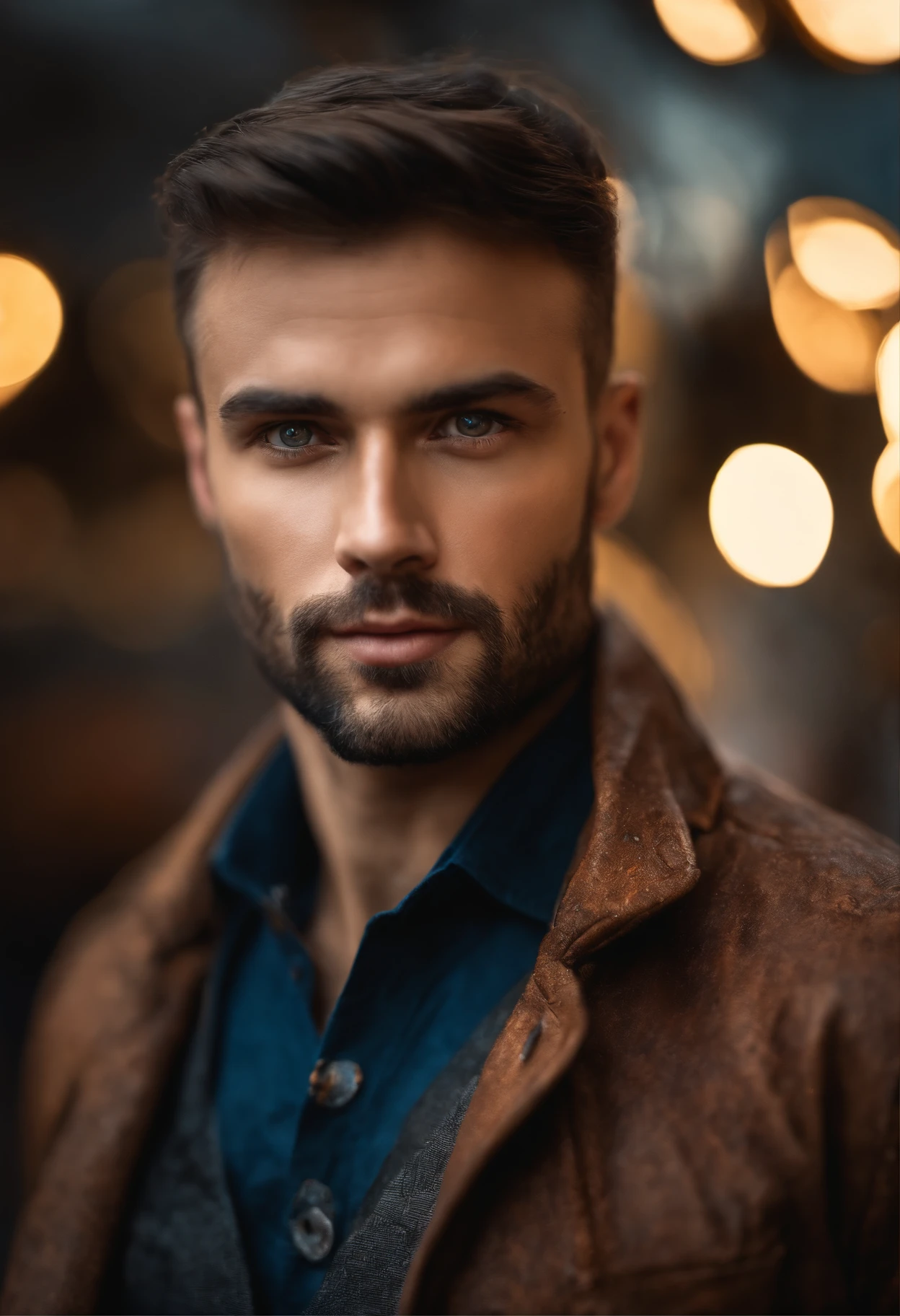Portrait photo of a handsome male full body photo, perfect eyes, wearing a shabby mecha coat, ((light bokeh)), intricate, (steel metal [rust]), elegant, sharp focus, photo by Greg Rutkovsky, soft lighting, bright colors, masterpiece, (street)), detailed realistic face, close-up of the face
