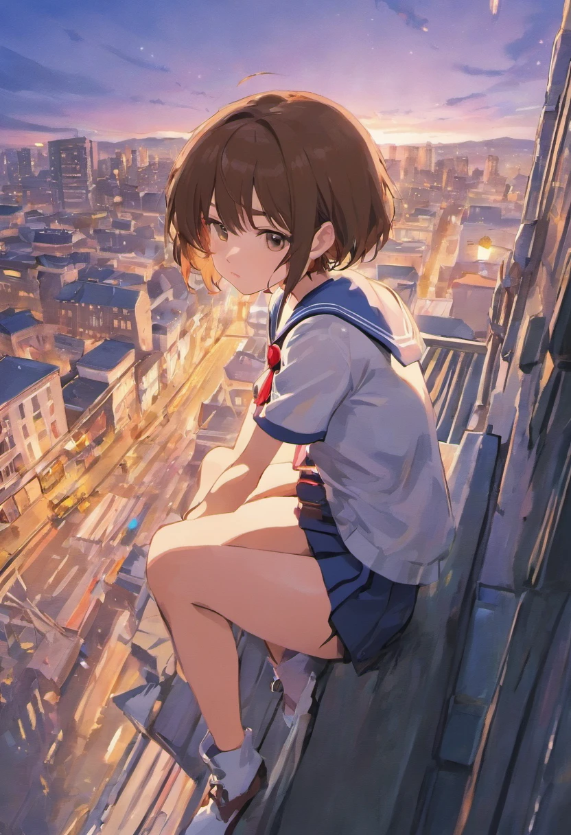 Short brown hair,White JK sailor suit short skirt girl,Sit sideways on the rooftop of the building,beautiful weather