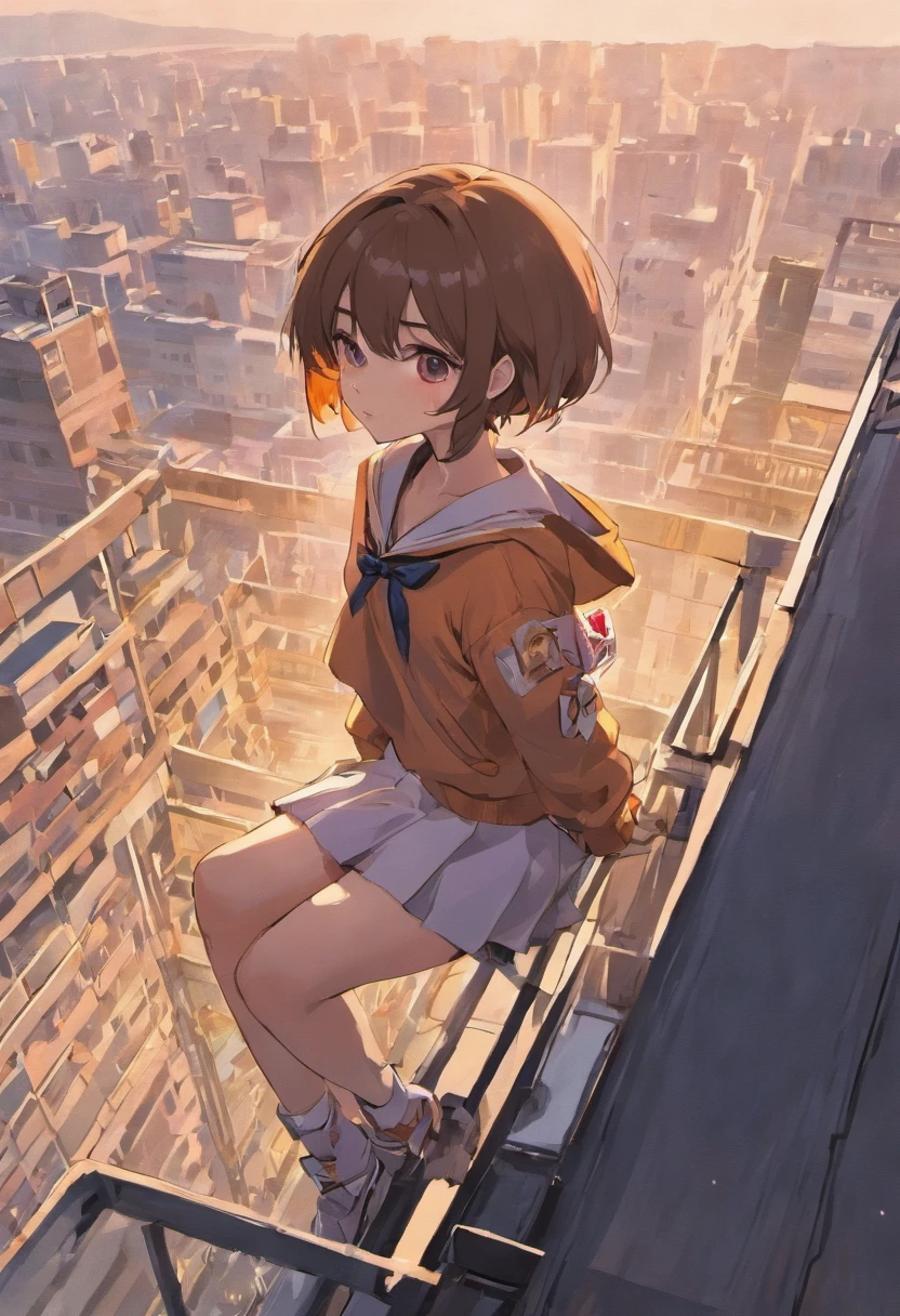 Short brown hair,White JK sailor suit short skirt girl,Sit sideways on the rooftop of the building,beautiful weather