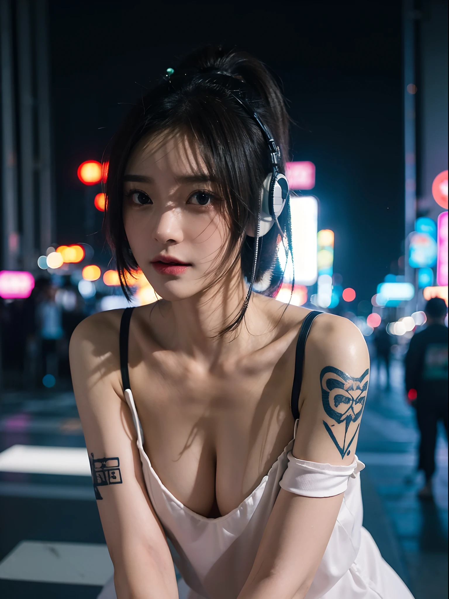 masterpiece、1 Beautiful Girl、A detailed face、A detailed eye、Detailed skin、top-quality、japanes、Illuminated from the front with bright lighting、profetional lighting、Always face straight ahead、The background is a little blurry、The background is a ruined cyberpunk neon street(It's night but bright)、Inside the night pool、short-hair、Cyberpunk costumes(Mechanical Battlesuit)Wearing、The tattoo、full bodyesbian、Portrait wind、headset on head、part of the hair and the color of the costume and tattoo is white、