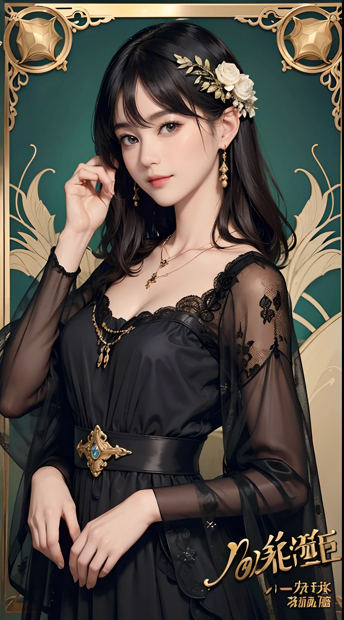 ((1womanl)),  (Black shorthair), （masuter piece：1,2）、top-quality、​masterpiece、hight resolution、original、highly detailed wallpaper、pubic hair beauty、Art Nouveau、dress code、Luxurious necklace, A slight smil、Small face、big breasts、Vivid Color、Live-action style