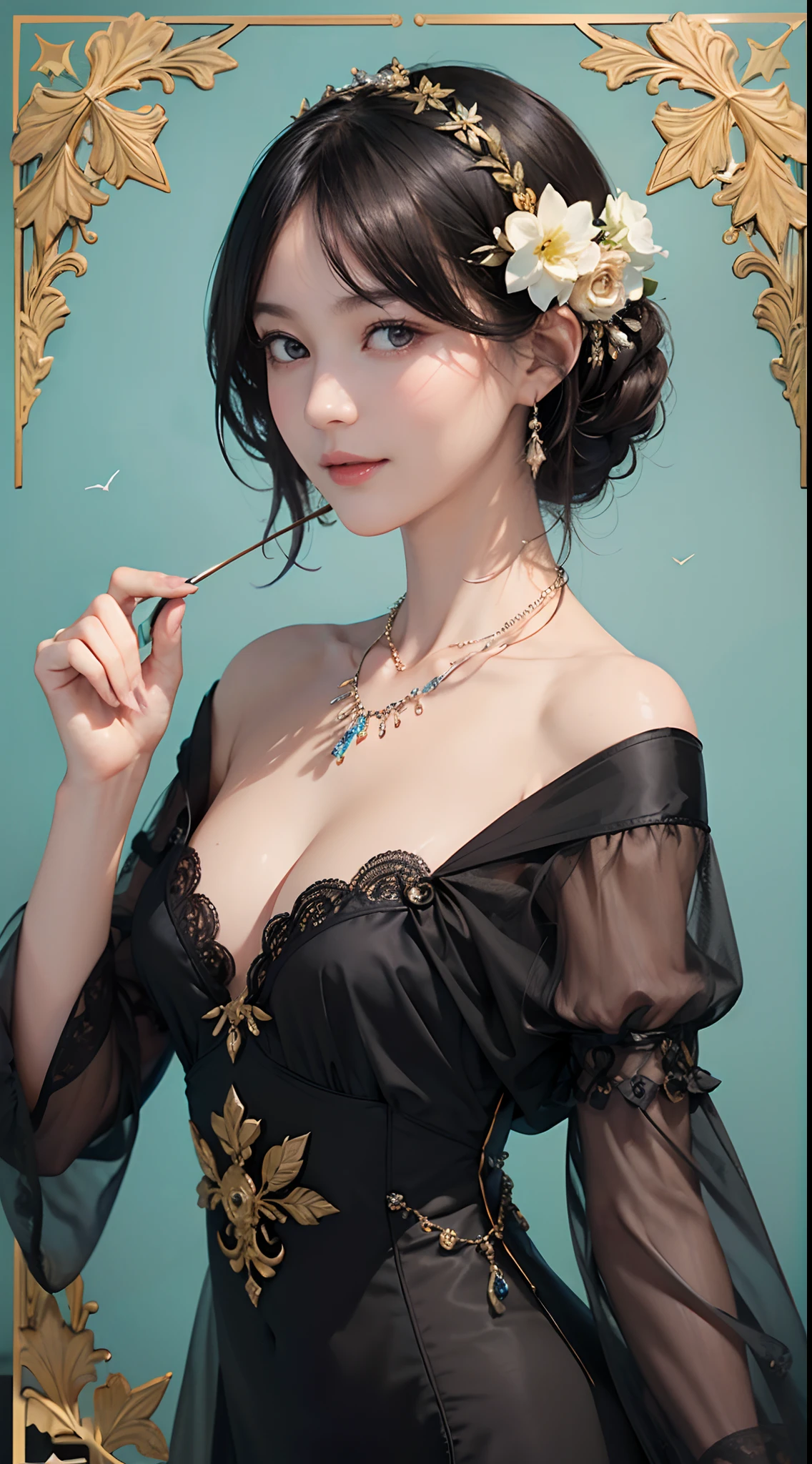((1womanl)), (Black shorthair), (masuter piece:1,2)、top-quality、masterpiece、hight resolution、original、highly detailed wallpaper、pubic hair beauty、Art Nouveau、dress code、Luxurious necklace, A slight smil、Small face、big breasts、Vivid Color、Live-action style