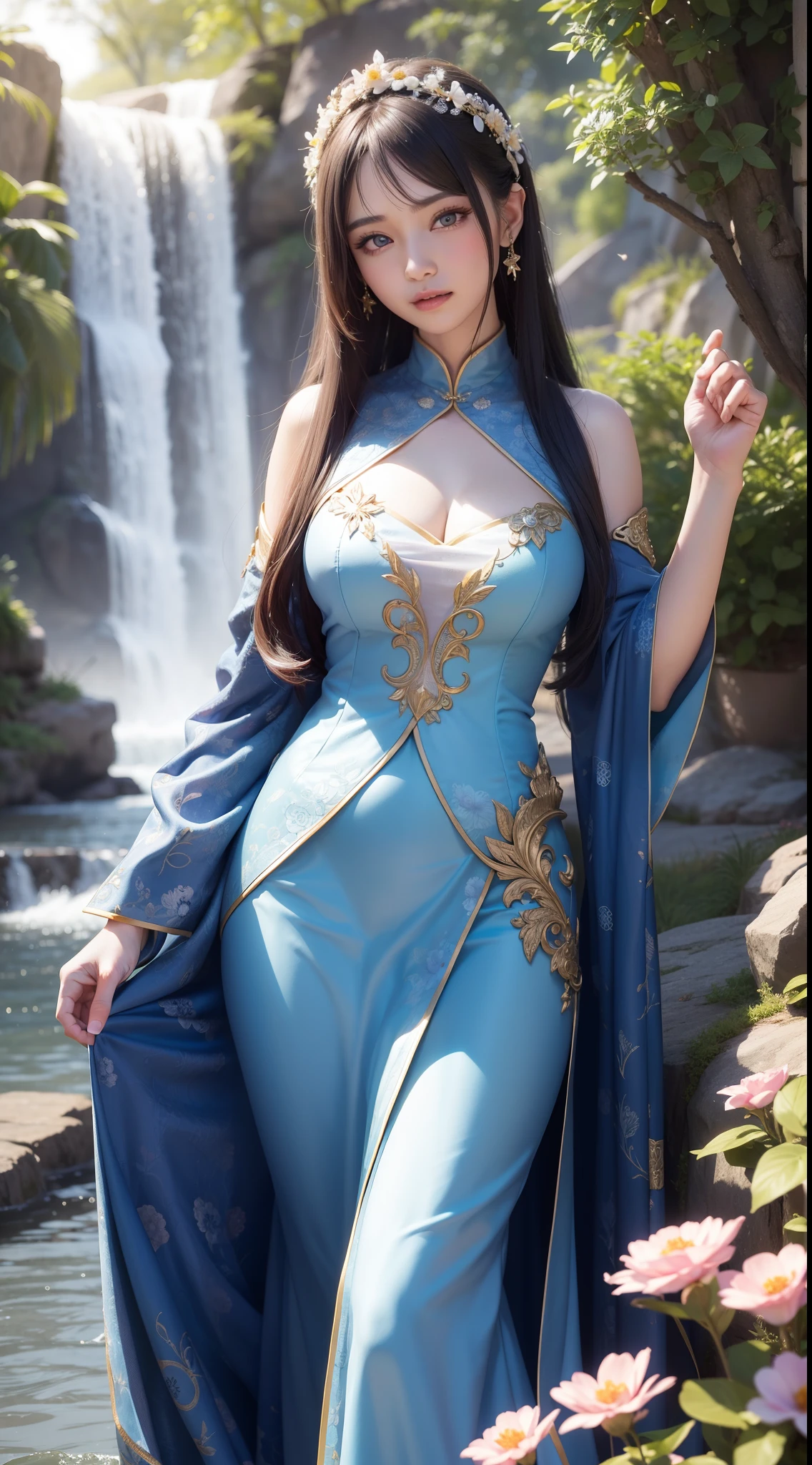 Beautiful detailed woman,very detailed eyes and faces, A detailed eye, ultra - detailed, A high resolution, The is very detailed,best qualtiy,illustratio,unified,8k 壁纸,tmasterpiece,best qualtiy,Faraway view,1girll,full bodyesbian,looki at viewer,face to the viewer,Long flowing hair,long skirt,Background with:rays of sunshine,florals,waterfallr,Gorgeous,Brilliant and colorful,Random dynamic pose,Surreal 8000 grams,Impeccable,tmasterpiece,professionalartwork,famousartwork,电影灯光,cinematicbloom,Perfect face,beautifulface,fanciful,dream magical,Not real,intricately details,delicate patterns
