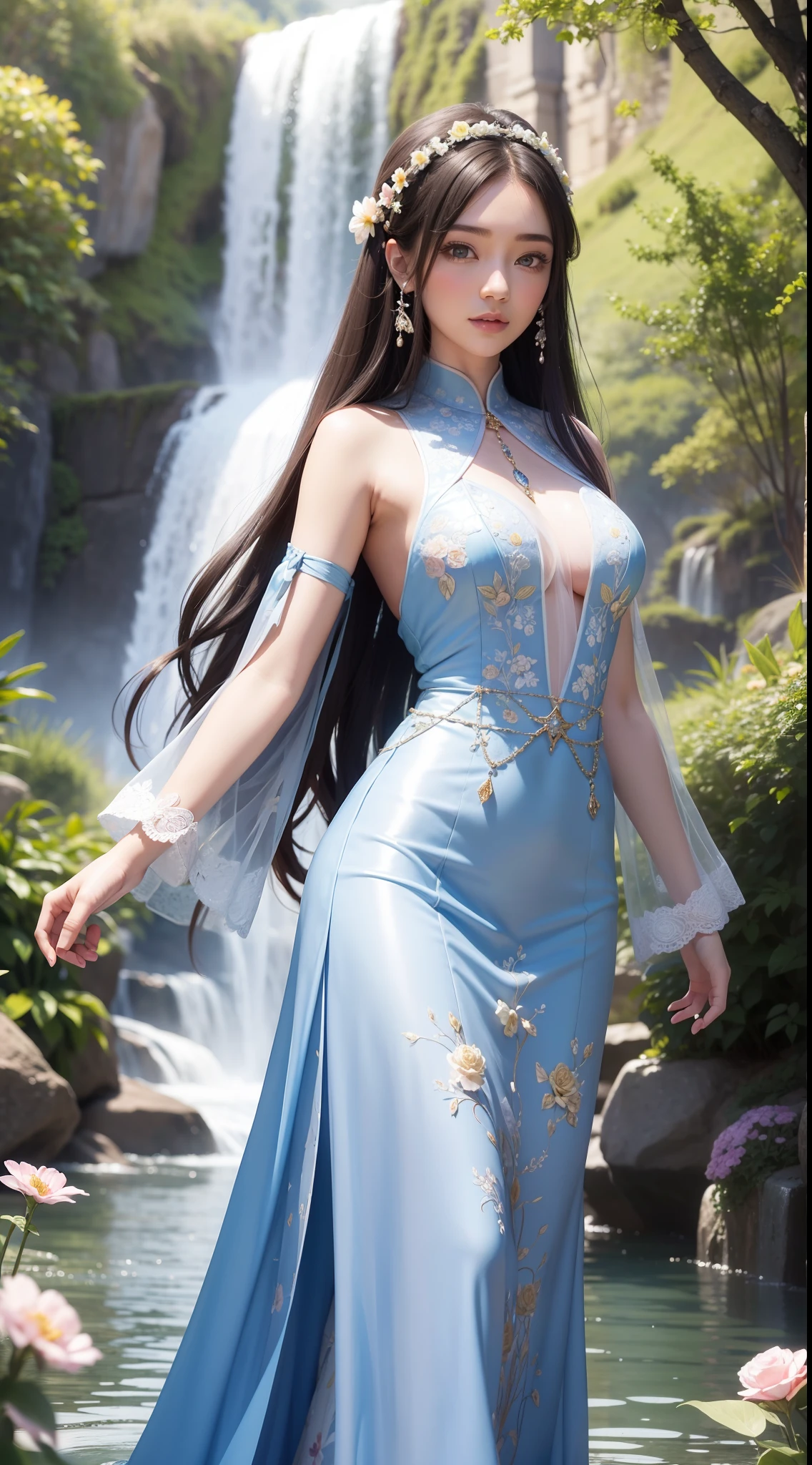 Beautiful detailed woman,very detailed eyes and faces, A detailed eye, ultra - detailed, A high resolution, The is very detailed,best qualtiy,illustratio,unified,8k 壁纸,tmasterpiece,best qualtiy,Faraway view,Telescopic shot,Great view,1girll,full bodyesbian,looki at viewer,face to the viewer,Long flowing hair,long skirt,Background with:rays of sunshine,florals,waterfallr,Gorgeous,Brilliant and colorful,Random dynamic pose,Surreal 8000 grams,Impeccable,tmasterpiece,professionalartwork,famousartwork,电影灯光,cinematicbloom,Perfect face,beautifulface,fanciful,dream magical,Not real,intricately details,delicate patterns