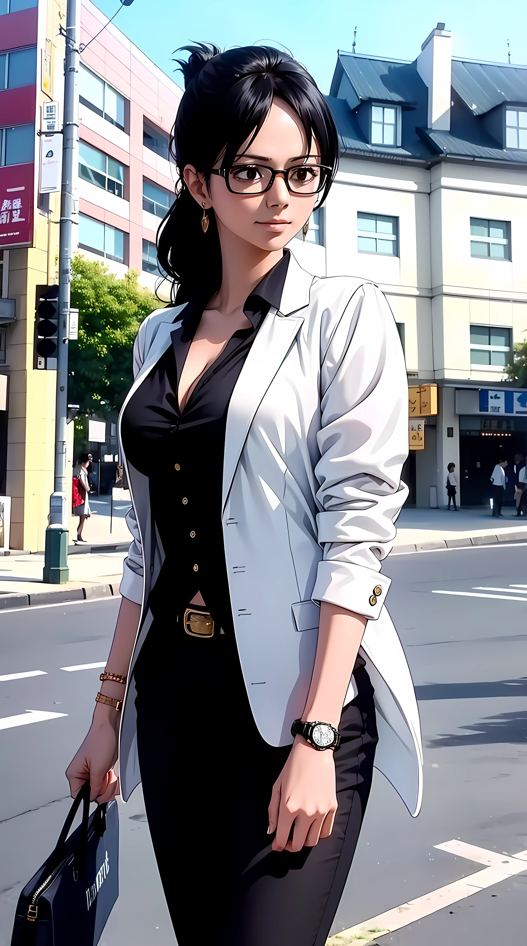 Tashigi, wearing glasses, long hair, black hair, beautiful, beautiful woman, perfect body, perfect breasts, wearing a white formal shirt, black blazer, black trousers, carrying a bag, wearing a watch, wearing earrings, in public, creature in tokyo city, being on the street, looking at the viewer, a slight smile, realism, masterpiece, textured skin, super detailed, high detail, high quality, best quality, 1080p, 16k