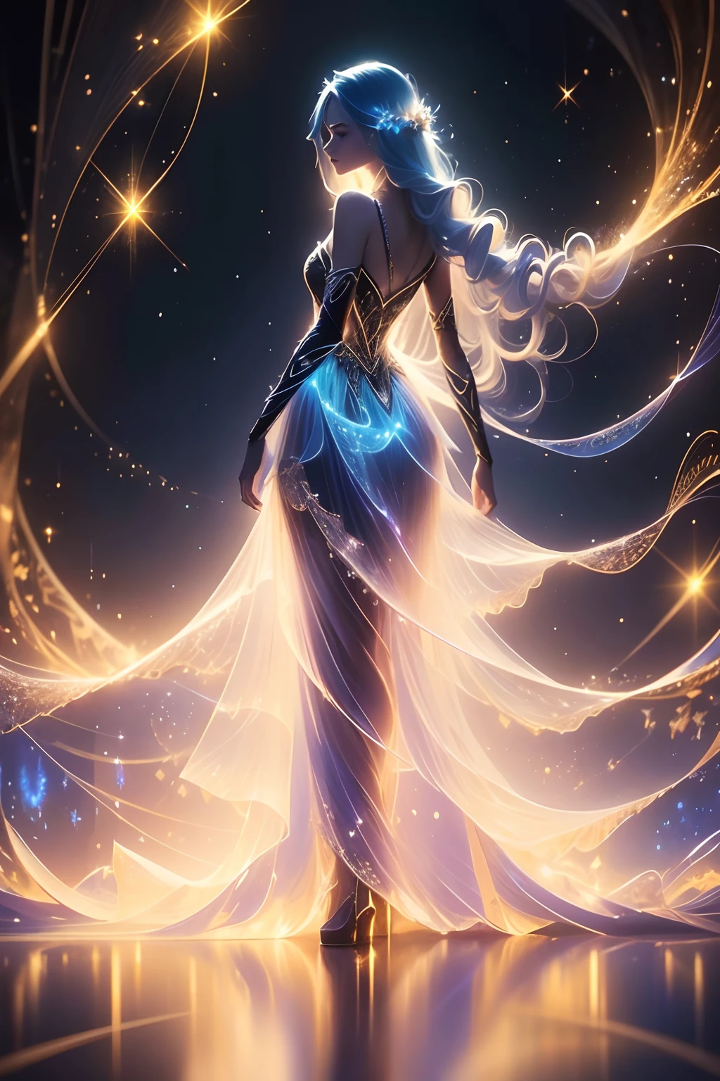 1girl,solo,dress,long hair,light particles,sparkle,backlighting,black background,full body,bare shoulders,blue hair,very long hair,standing,masterpiece,best quality,ultra high res,(looking at viewer:1.5),(fractal art:1.2),gauze skirt,