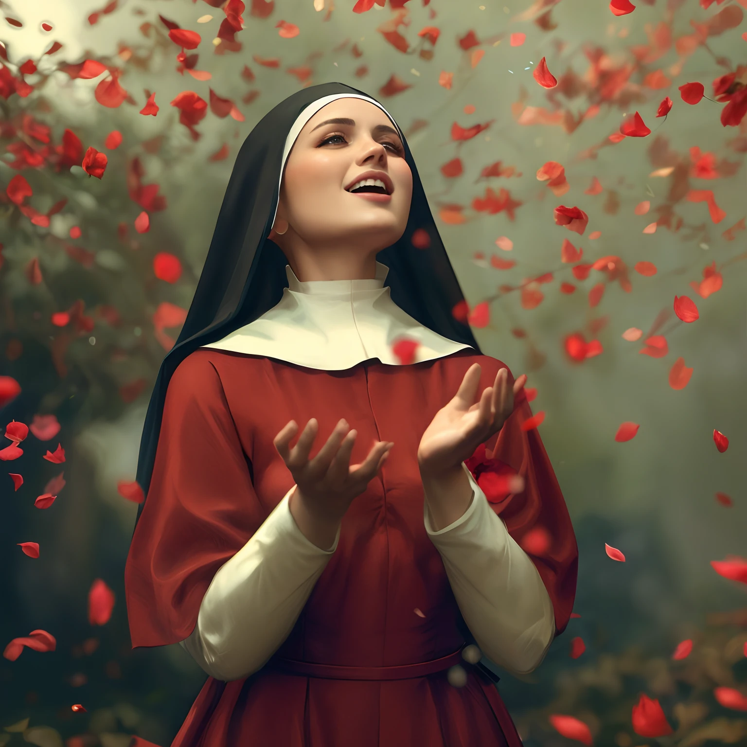 Nun in red dress with petals flying around her, fall of red petals, majestosa mulher de santo, petals falling, modelo de moda freira olhando para cima, petals falling, Tiny crimson petals falling, Falling flower petals, rose petals flying in the wind, Bem Modelo de Moda, petals falling everywhere, A cena mais bonita, santa mulher, ela expressando alegria, Wojtek FUS, Arte digital