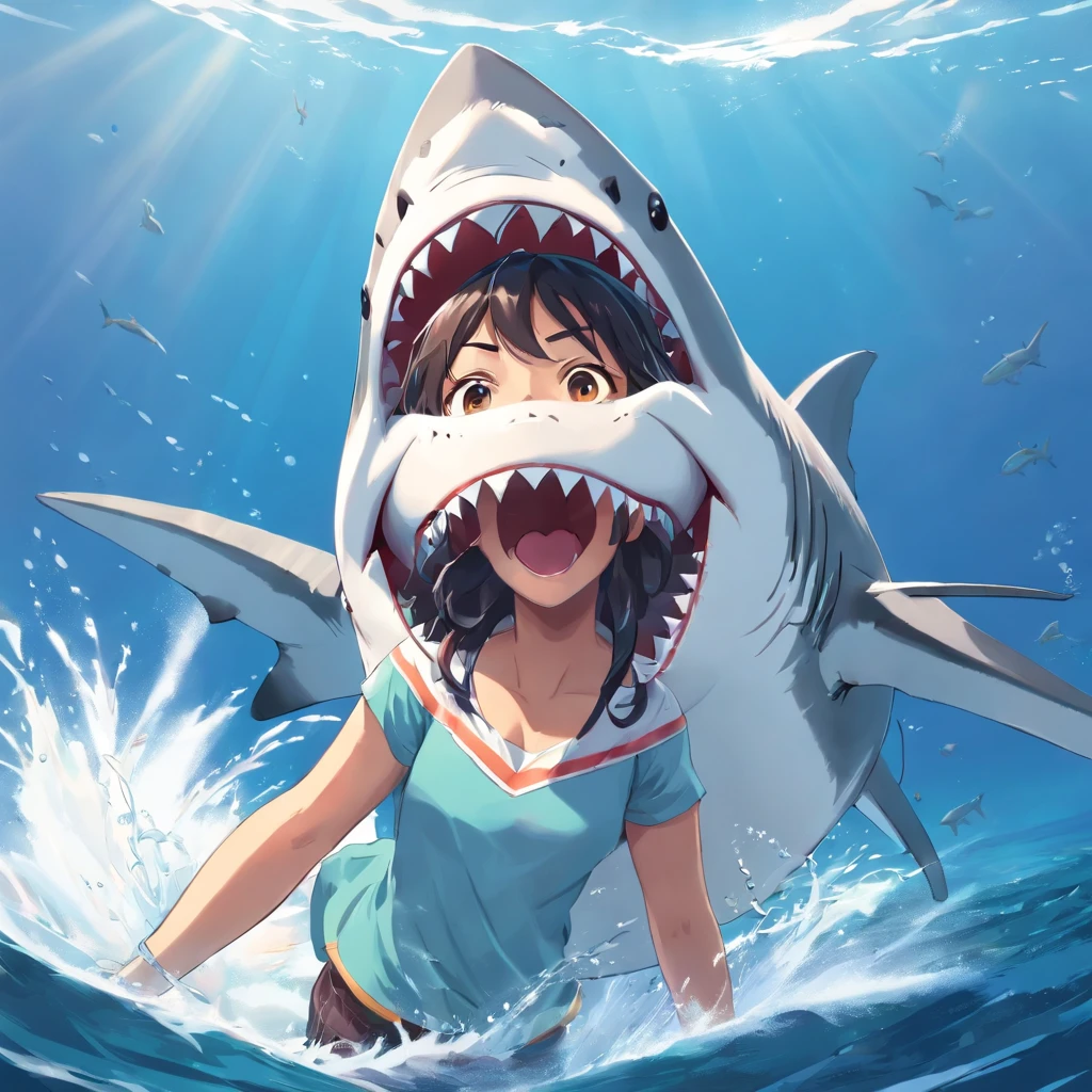 Great white shark,Cartoony,Open mouth,dentes pontiagudos,Flush out of the water