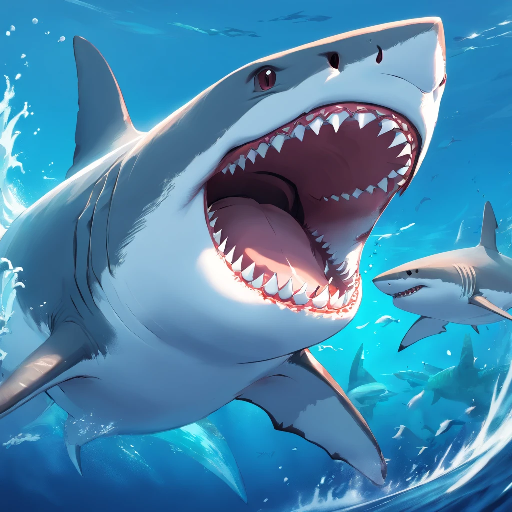 Great white shark，Cartoony，Open mouth，dentes pontiagudos，Flush out of the water