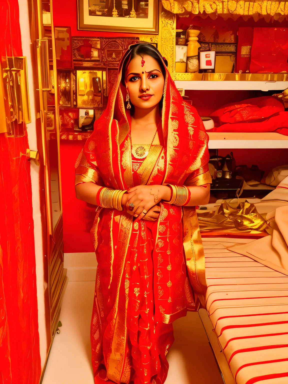 arafed woman in a red and gold outfit standing in a room, dressed in a sari, wearing sari, wearing a sari, wearing traditional garb, photo of a woman, very very beautiful woman, traditional beauty, indian, very very beautiful