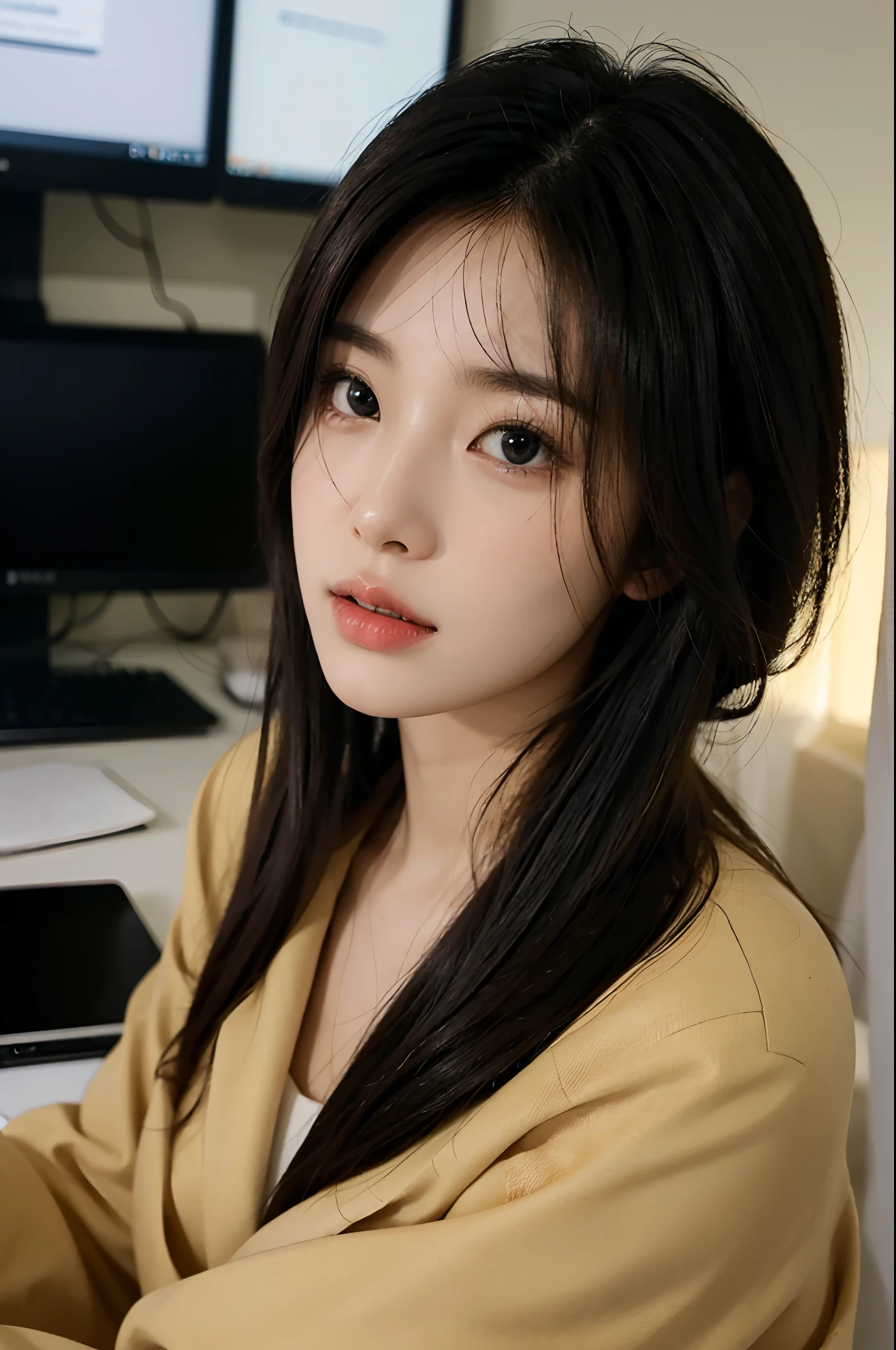 High-res, Realistic portrait of professional korean office lady with perfect skin，Professional suits，Women's suits，stand posture，The upper part of the body，Women in the workplace，Show confidence and maturity, Surrounded by a modern corporate environment, Vibrant and naturally lit highlights. The artwork should emphasize her elegant facial features, Including charming long eyes, Fluttering eyelashes and seductive lips. The scene should be enhanced with elements of professionalism and visual appeal，For example, Stylish work desk, Mainframe computers, High-resolution display, and complex stationery. The overall tone should be warm and professional, Has a soft and natural color palette. The artwork should exude a sense of professionalism, Success, and cultural pride，The background is blurred out