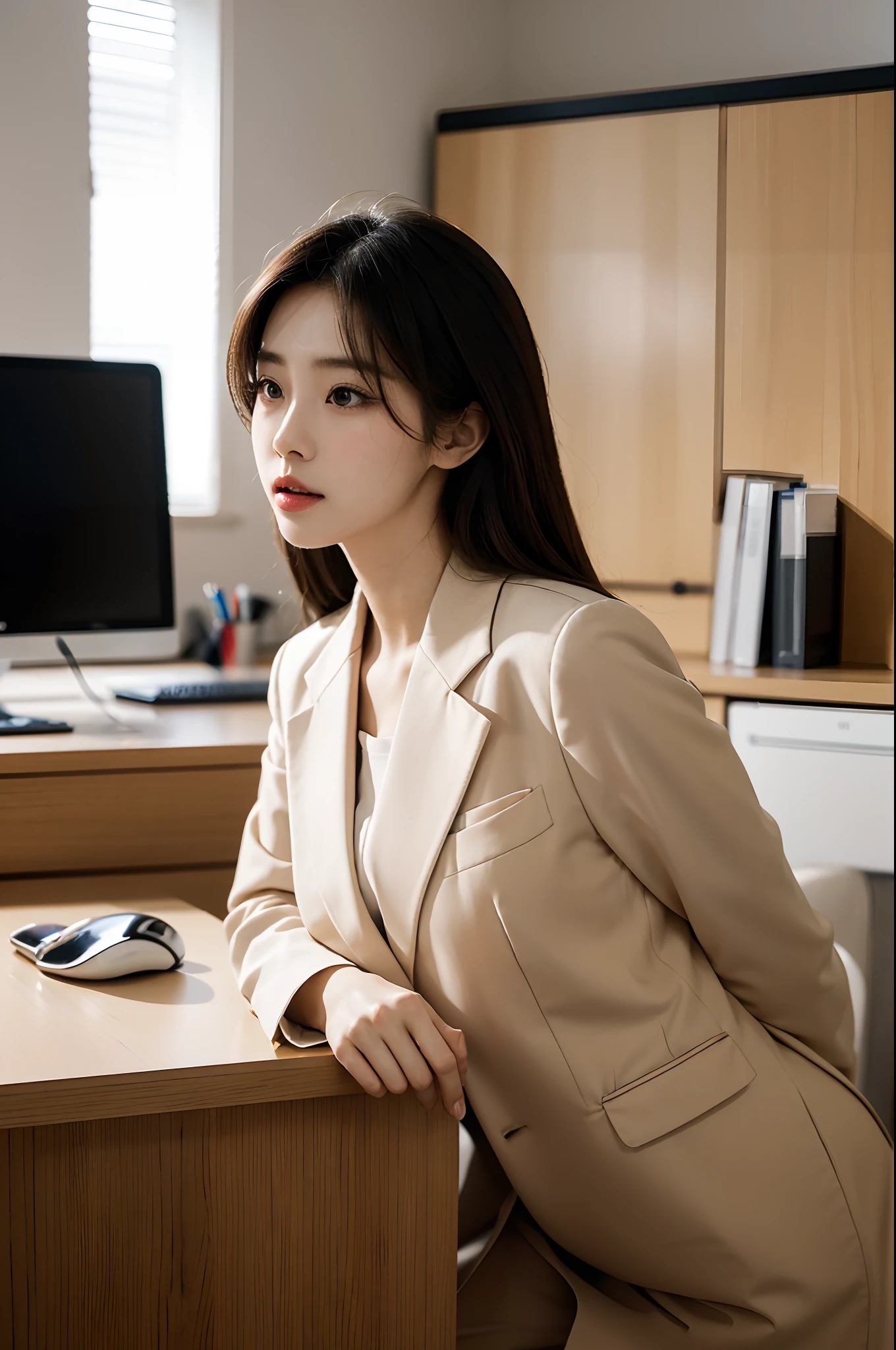 High-res, Realistic portrait of professional korean office lady with perfect skin,Professional suits,Women's suits,stand posture,The upper part of the body,Women in the workplace,Show confidence and maturity, Surrounded by a modern corporate environment, Vibrant and naturally lit highlights. The artwork should emphasize her elegant facial features, Including charming long eyes, Fluttering eyelashes and seductive lips. The scene should be enhanced with elements of professionalism and visual appeal,For example, Stylish work desk, Mainframe computers, High-resolution display, and complex stationery. The overall tone should be warm and professional, Has a soft and natural color palette. The artwork should exude a sense of professionalism, Success, and cultural pride,The background is blurred out