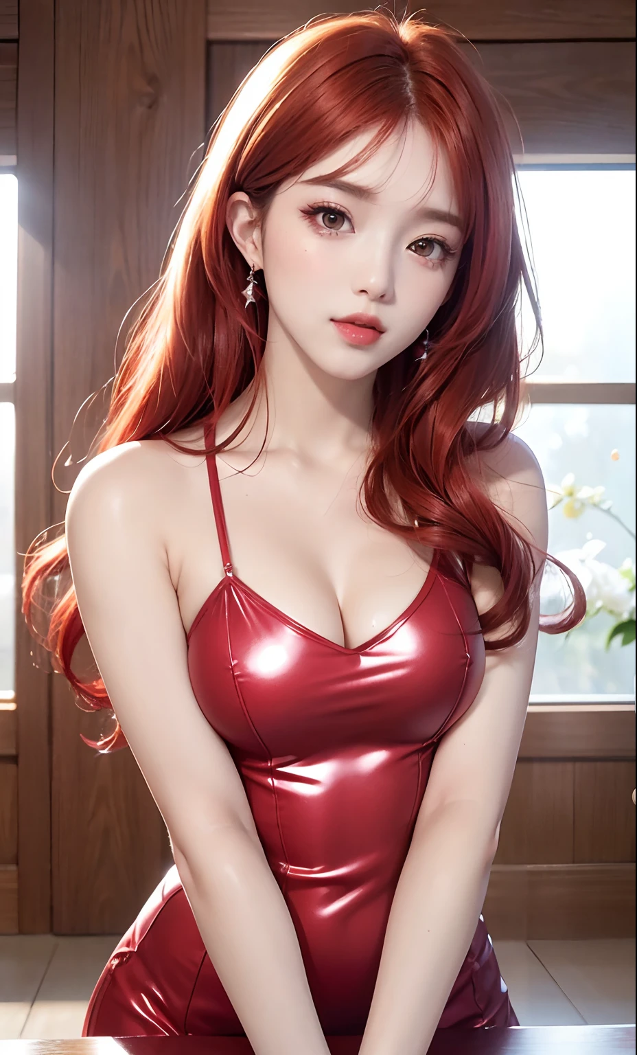 (8k, RAW photo, photorealistic:1.25) ,long red hair, ( lip gloss, eyelashes, glossy side, shiny skin, best quality, ultra-high resolution, depth of field, chromatic aberration, caustics, wide light, natural shadow, Kpop idol) Watch the audience with serenity and goddess-like happiness,