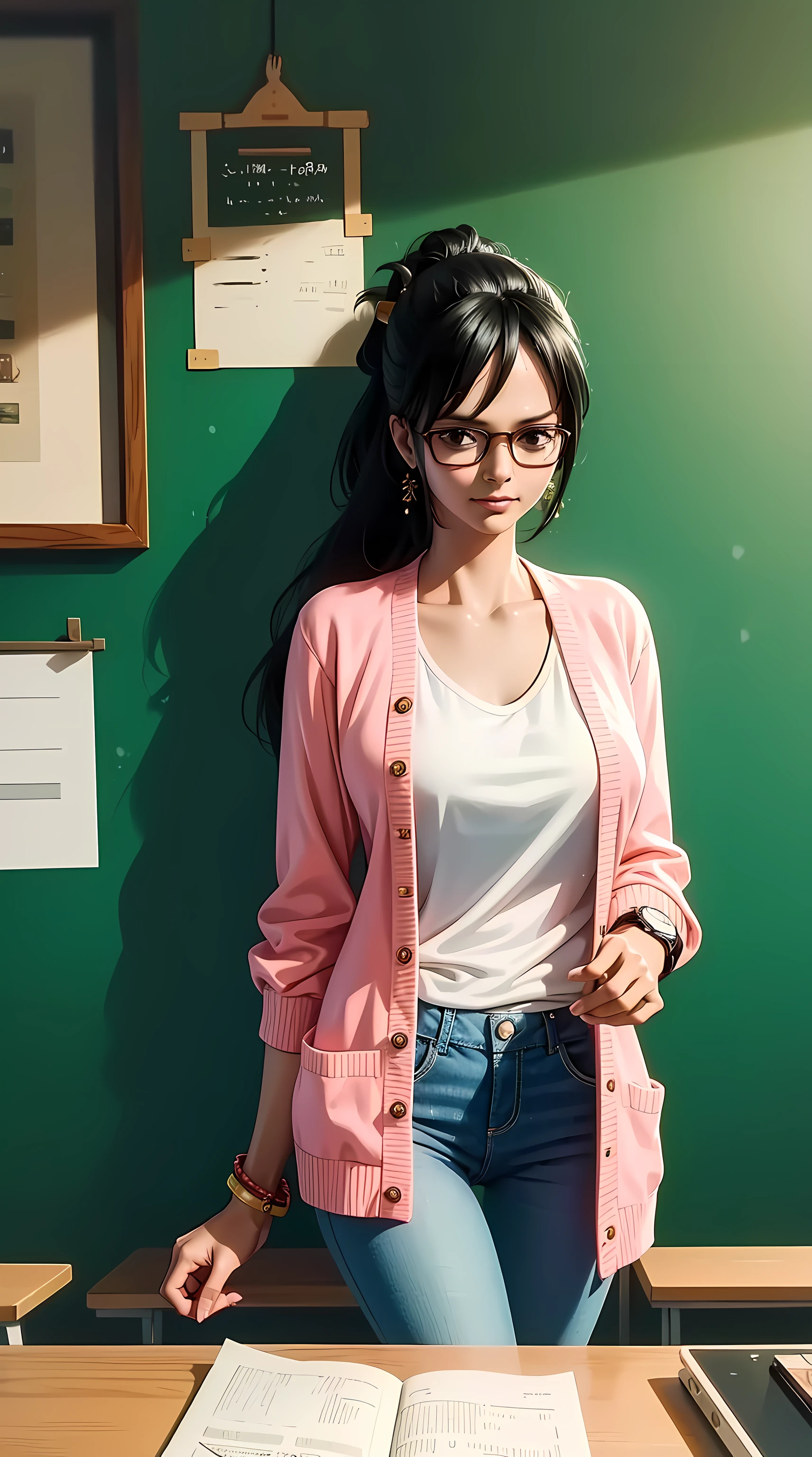 Tashigi, wearing glasses, long hair, black hair, ponytail, beautiful, beautiful woman, perfect body, perfect breasts, wearing a white shirt, black cardigan, long jeans, handbag, wearing a watch, wearing earrings, in class, on campus, university, blackboard, looking at the viewer, a slight smile, realism, masterpiece, textured leather, super detailed, high detail, high quality, best quality, 1080p, 16k